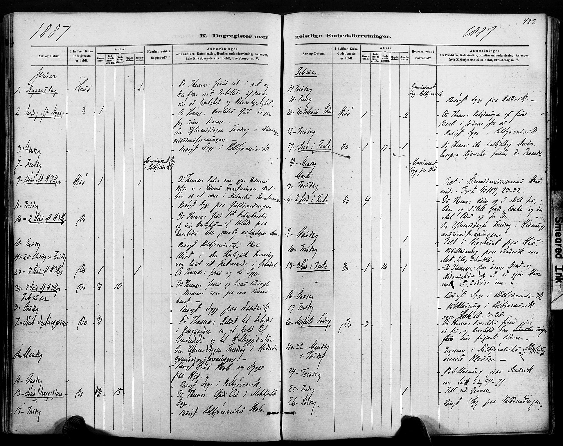 Hisøy sokneprestkontor, AV/SAK-1111-0020/F/Fa/L0003: Parish register (official) no. A 3, 1881-1894, p. 422