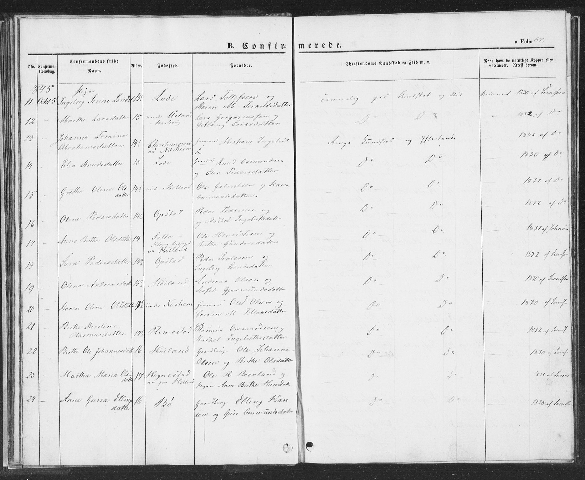 Hå sokneprestkontor, SAST/A-101801/001/30BA/L0006: Parish register (official) no. A 5, 1842-1853, p. 67