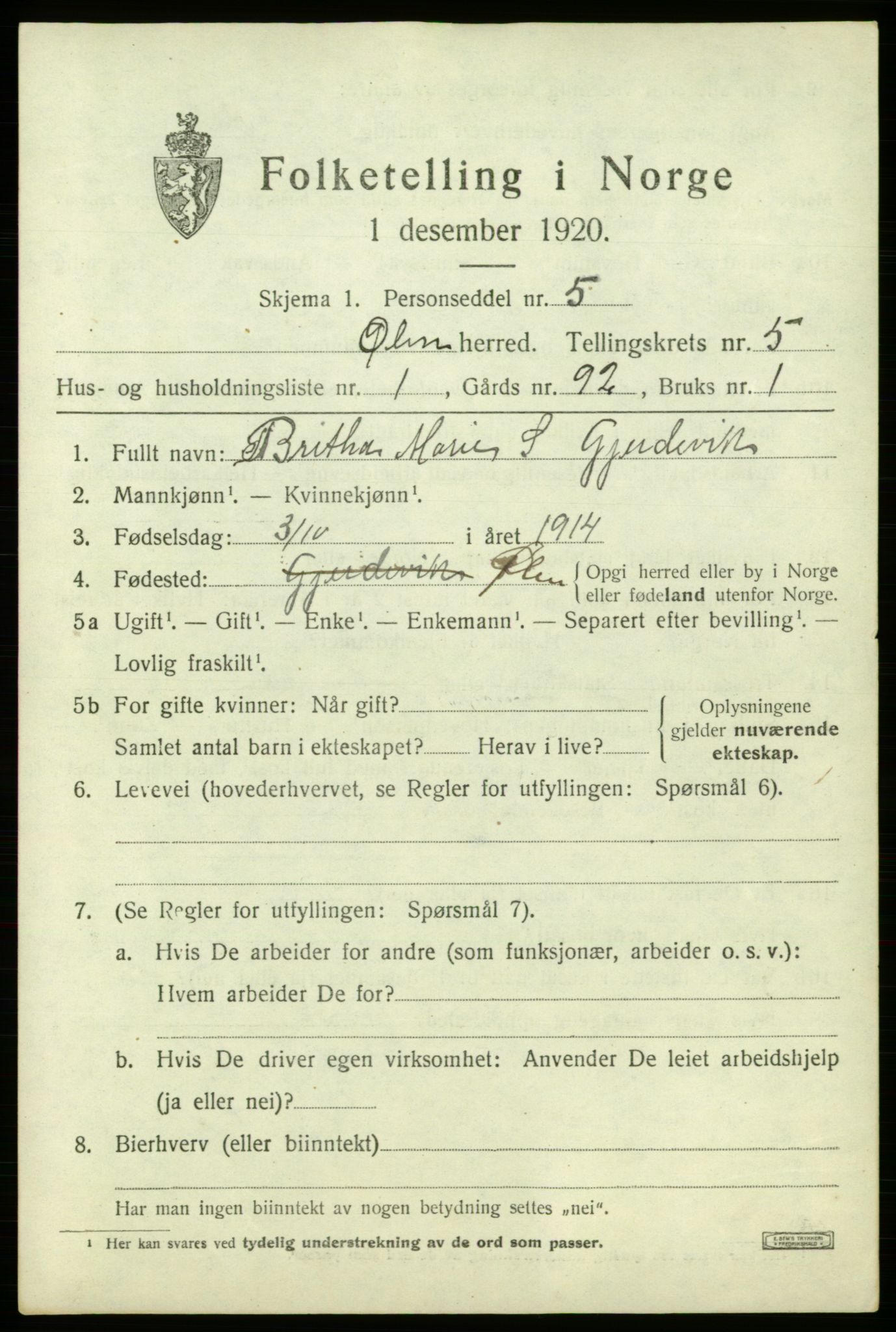 SAB, 1920 census for Ølen, 1920, p. 2327