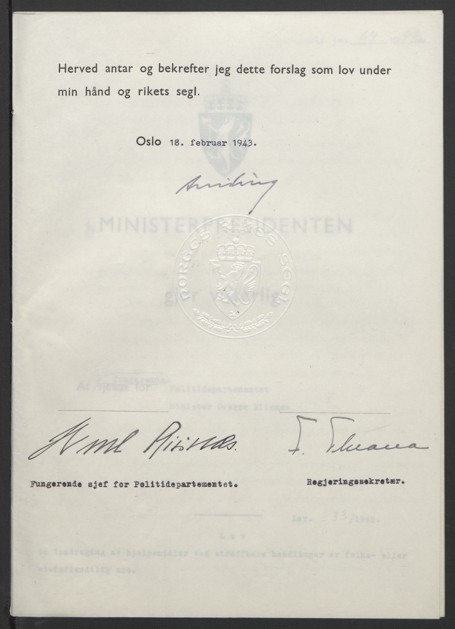 NS-administrasjonen 1940-1945 (Statsrådsekretariatet, de kommisariske statsråder mm), RA/S-4279/D/Db/L0099: Lover, 1943, p. 139