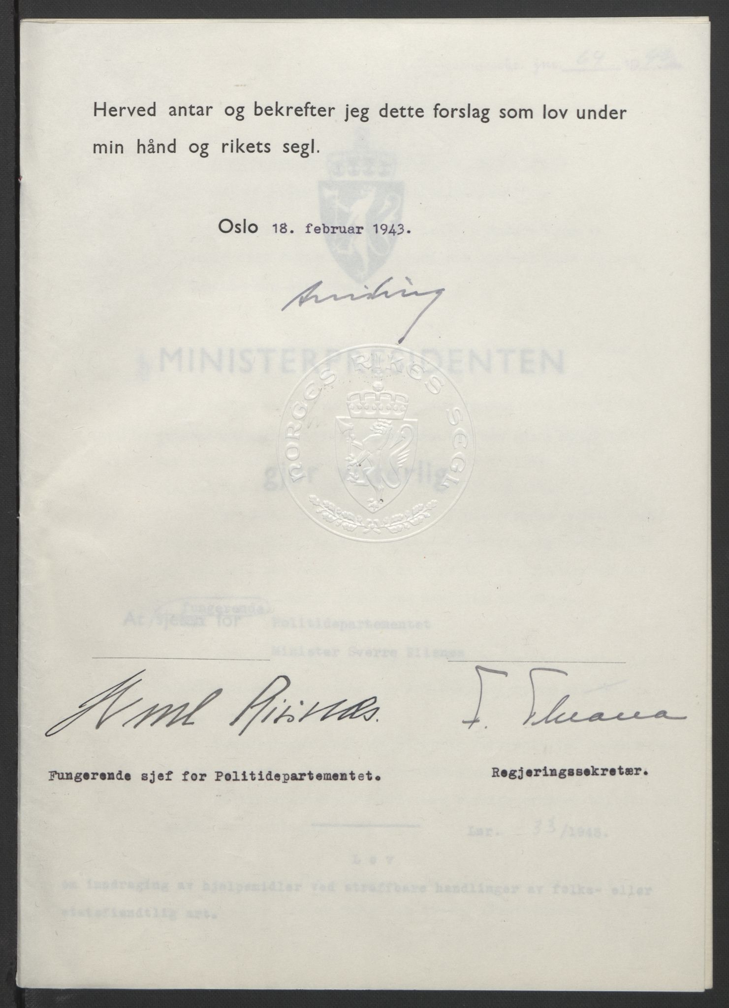 NS-administrasjonen 1940-1945 (Statsrådsekretariatet, de kommisariske statsråder mm), AV/RA-S-4279/D/Db/L0099: Lover, 1943, p. 139