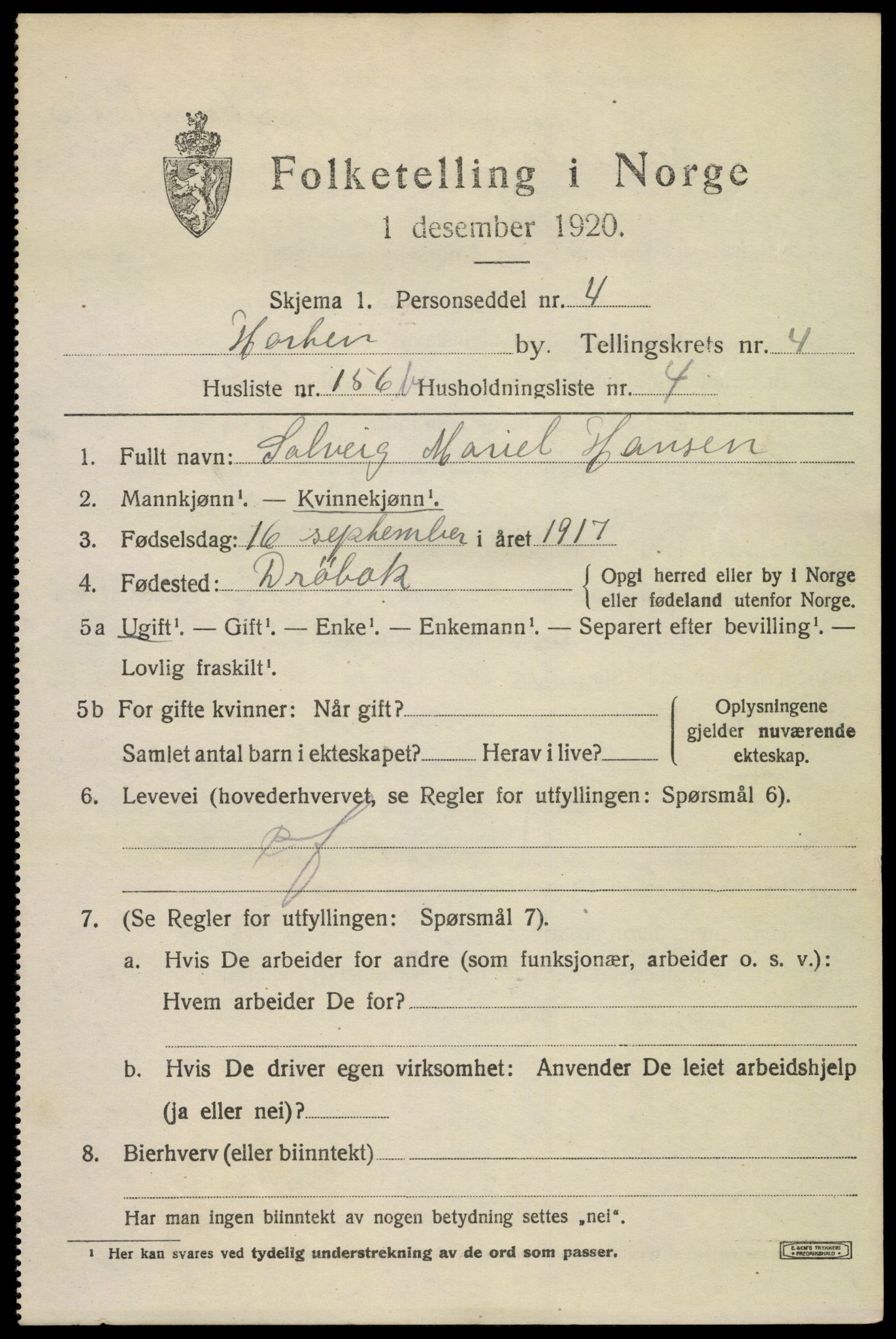 SAKO, 1920 census for Horten, 1920, p. 19295