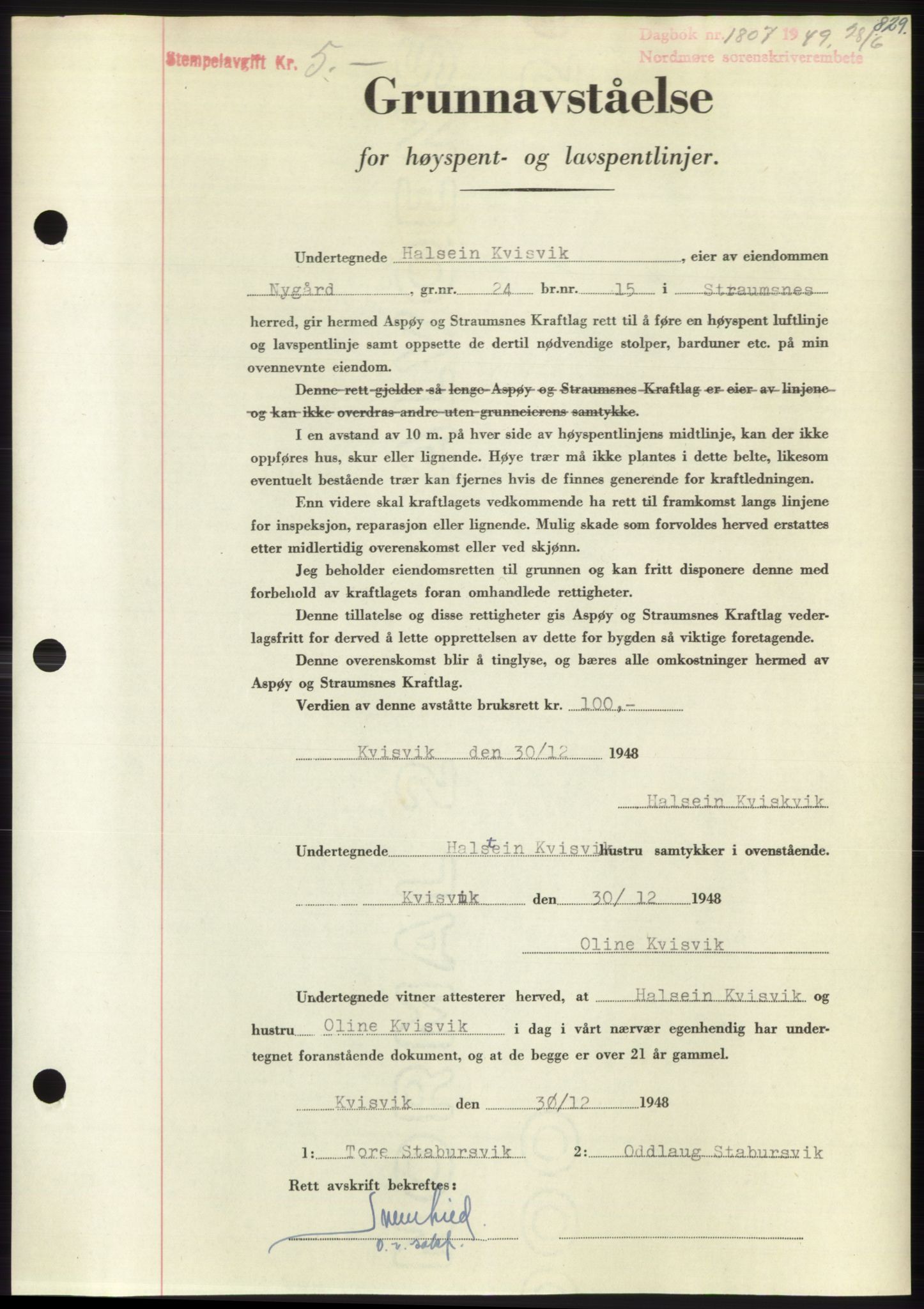 Nordmøre sorenskriveri, AV/SAT-A-4132/1/2/2Ca: Mortgage book no. B101, 1949-1949, Diary no: : 1807/1949