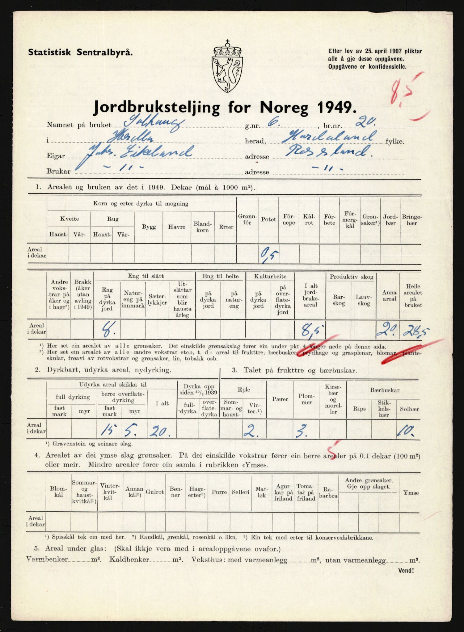 Statistisk sentralbyrå, Næringsøkonomiske emner, Jordbruk, skogbruk, jakt, fiske og fangst, AV/RA-S-2234/G/Gc/L0276: Hordaland: Herdla og Hjelme, 1949, p. 358