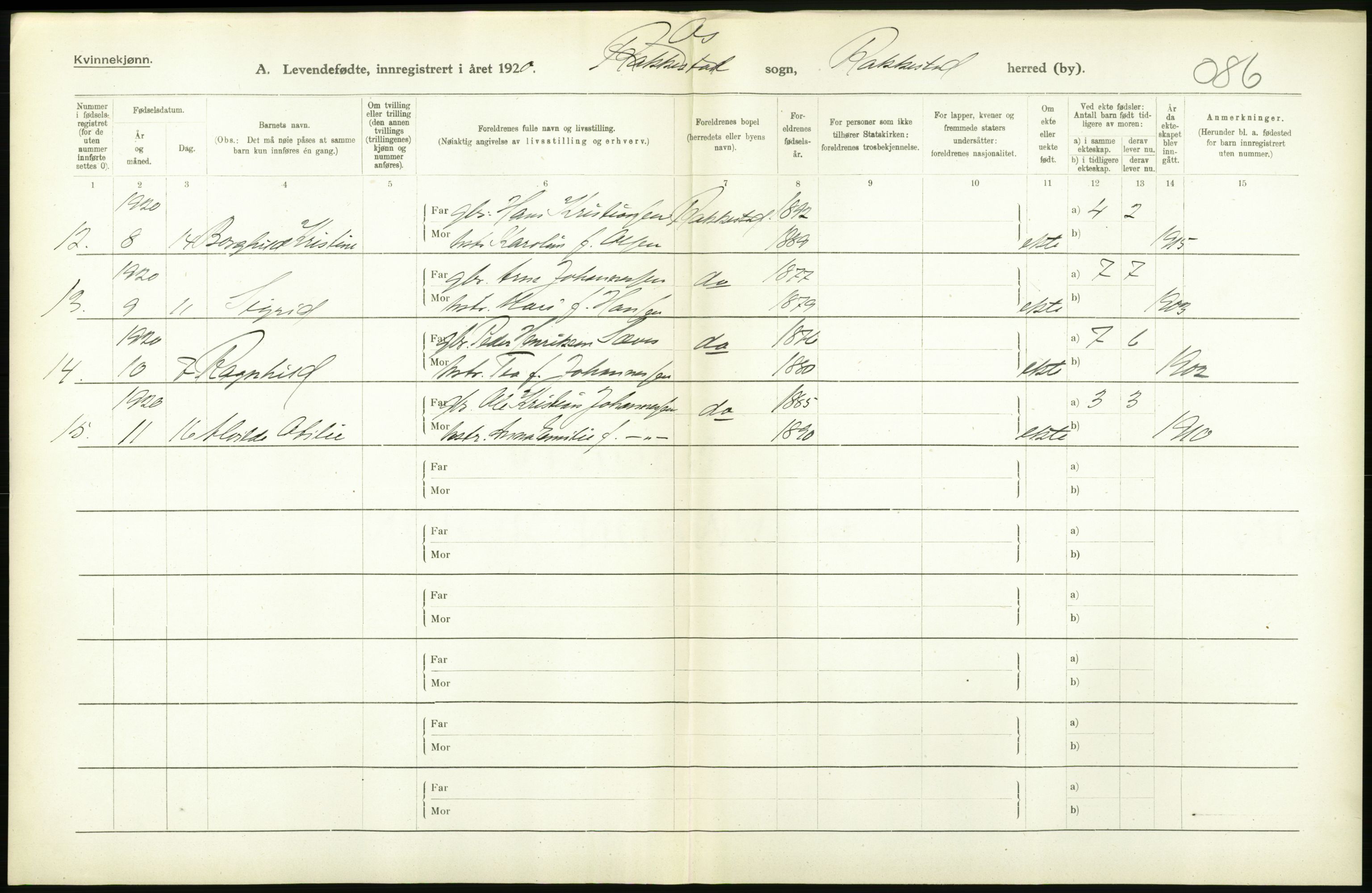 Statistisk sentralbyrå, Sosiodemografiske emner, Befolkning, RA/S-2228/D/Df/Dfb/Dfbj/L0001: Østfold fylke: Levendefødte menn og kvinner. Bygder., 1920, p. 656