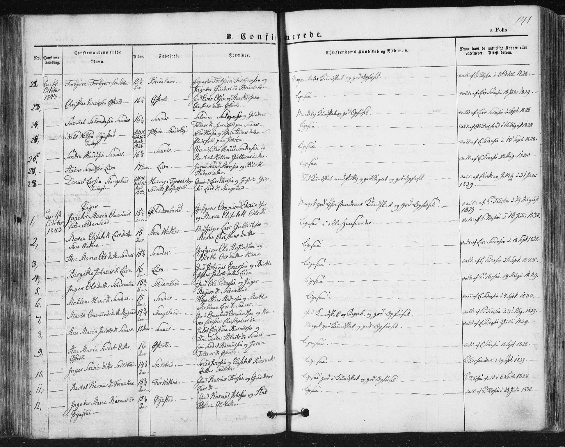 Høyland sokneprestkontor, AV/SAST-A-101799/001/30BA/L0008: Parish register (official) no. A 8, 1841-1856, p. 141