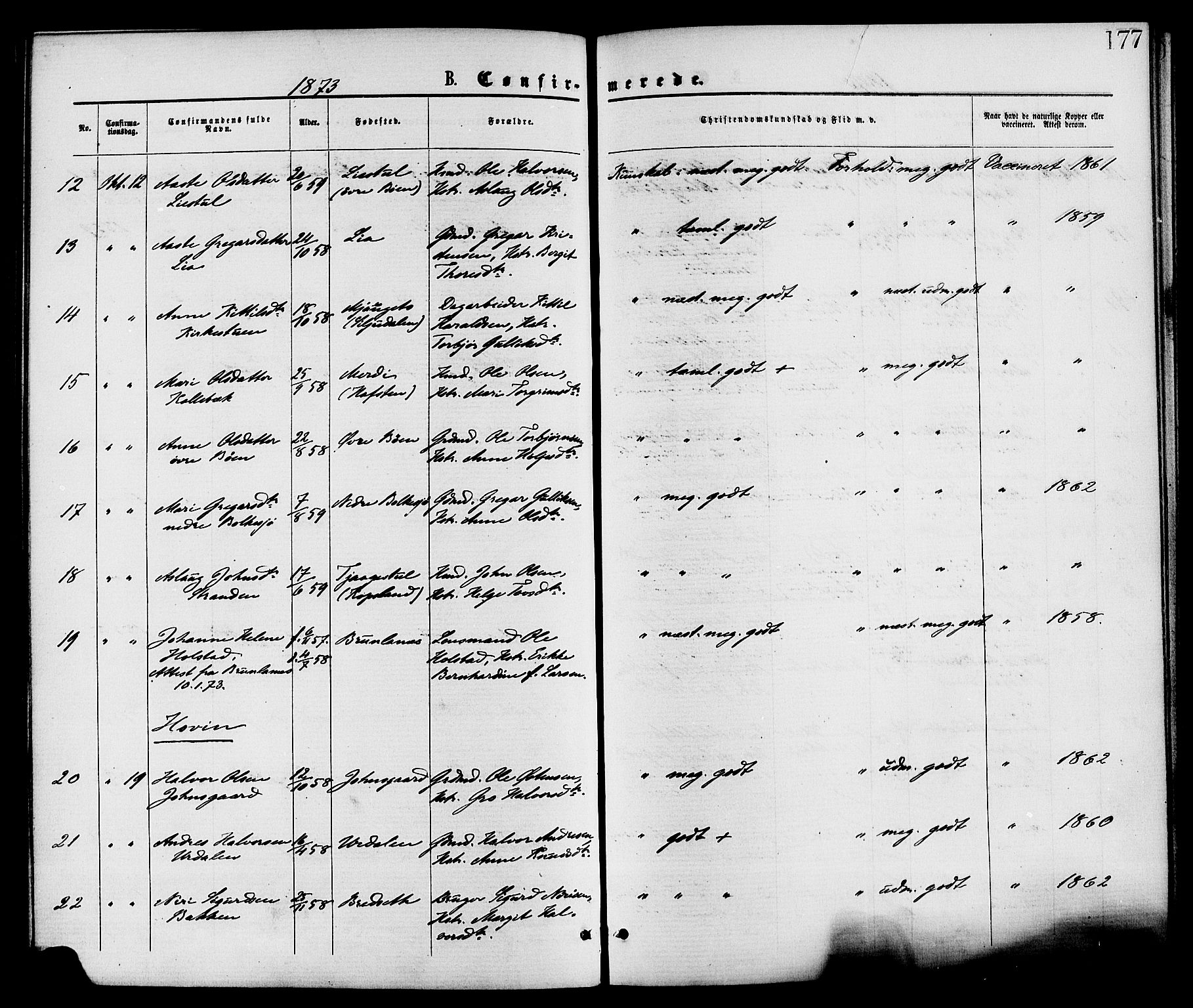 Gransherad kirkebøker, AV/SAKO-A-267/F/Fa/L0004: Parish register (official) no. I 4, 1871-1886, p. 177