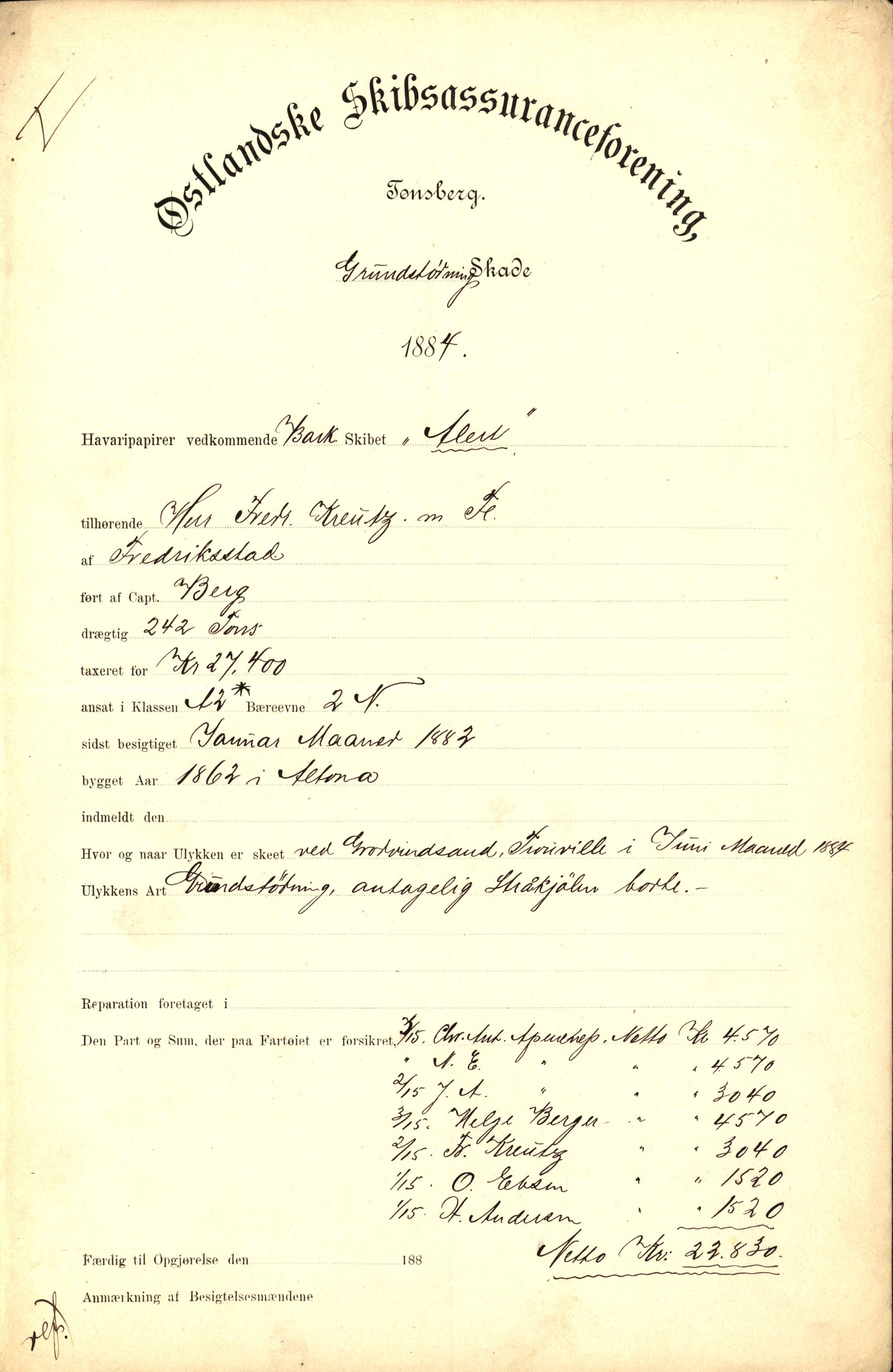 Pa 63 - Østlandske skibsassuranceforening, VEMU/A-1079/G/Ga/L0017/0004: Havaridokumenter / Norden, Alf, Alert, Alpha, Alf av Tønsberg, 1884, p. 43