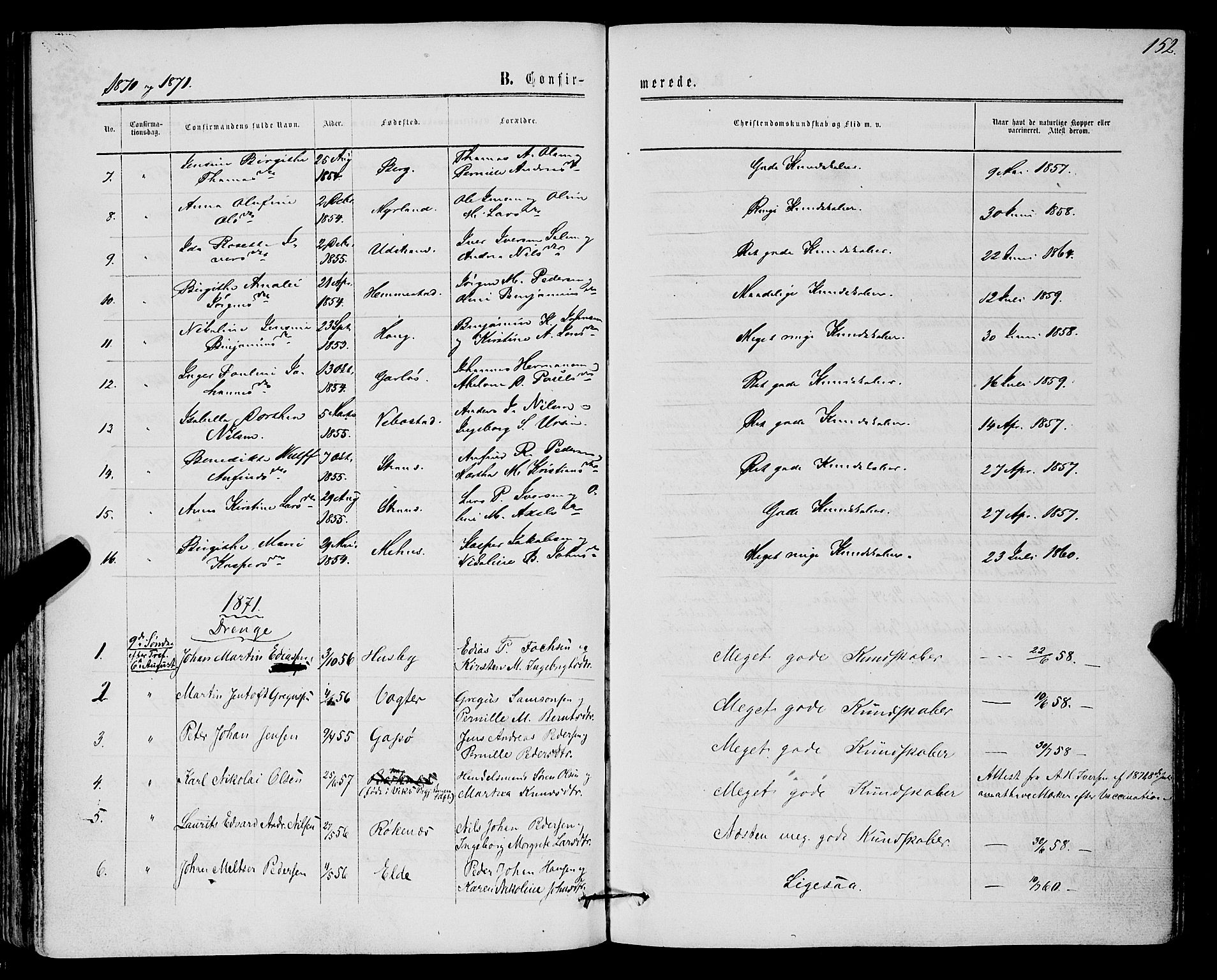 Kvæfjord sokneprestkontor, SATØ/S-1323/G/Ga/Gaa/L0004kirke: Parish register (official) no. 4, 1857-1877, p. 152