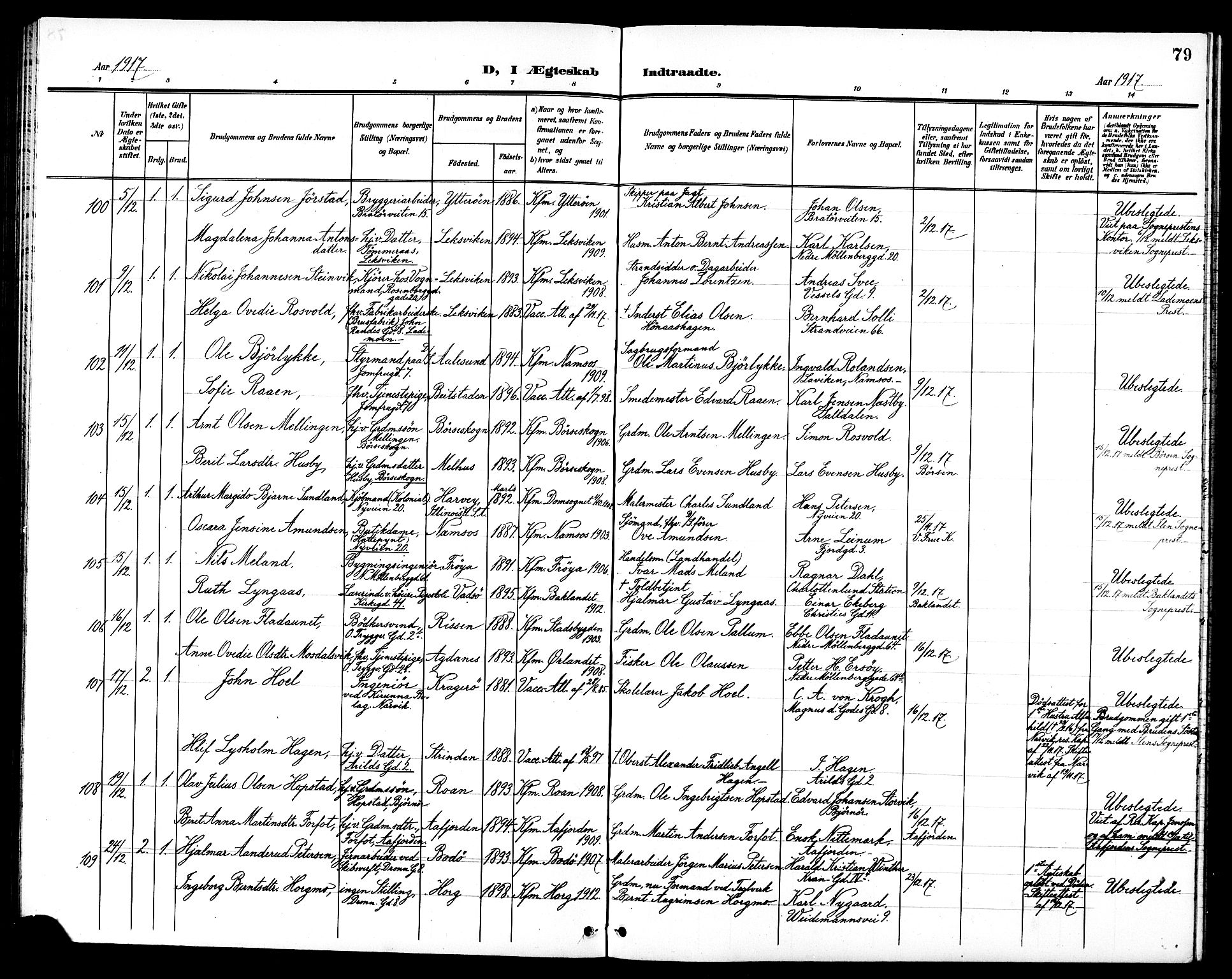 Ministerialprotokoller, klokkerbøker og fødselsregistre - Sør-Trøndelag, SAT/A-1456/602/L0145: Parish register (copy) no. 602C13, 1902-1919, p. 79