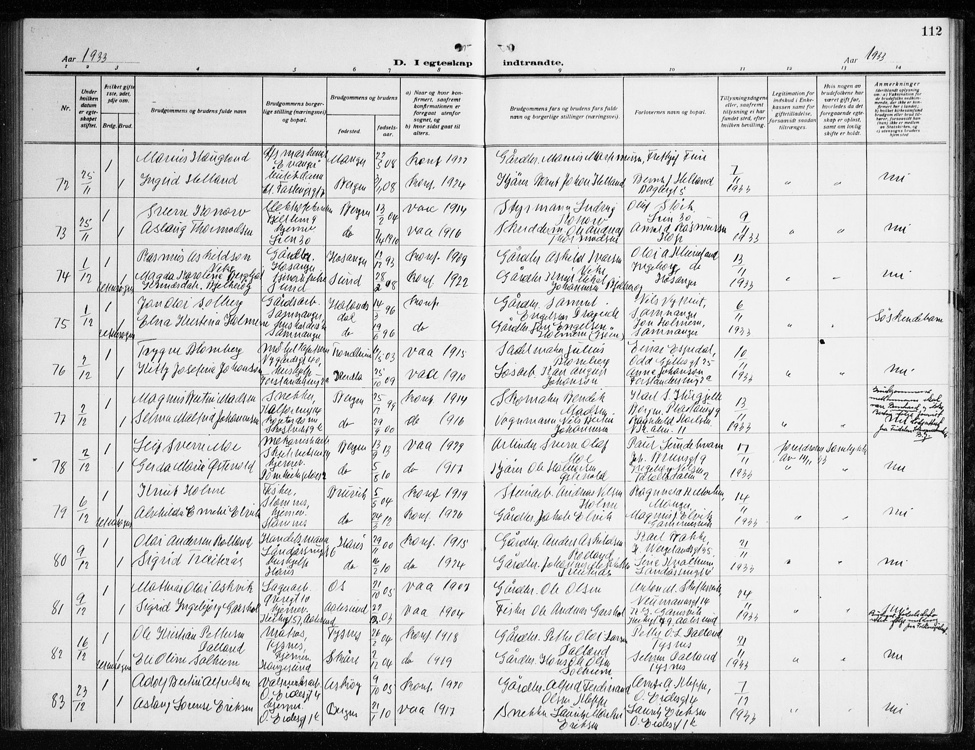 Korskirken sokneprestembete, AV/SAB-A-76101/H/Haa/L0039: Parish register (official) no. D 6, 1919-1938, p. 112