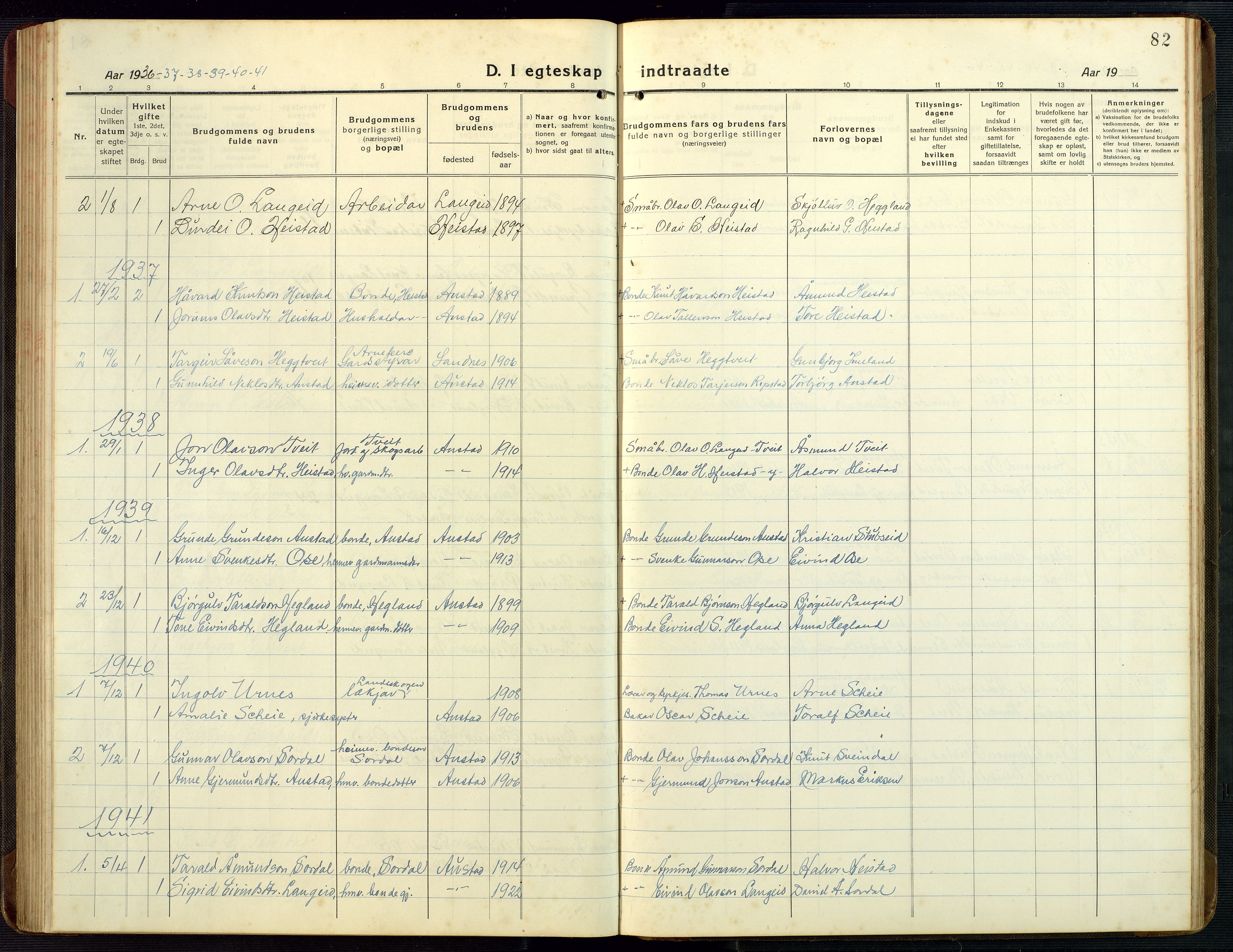 Bygland sokneprestkontor, SAK/1111-0006/F/Fb/Fba/L0003: Parish register (copy) no. B 3, 1920-1974, p. 82
