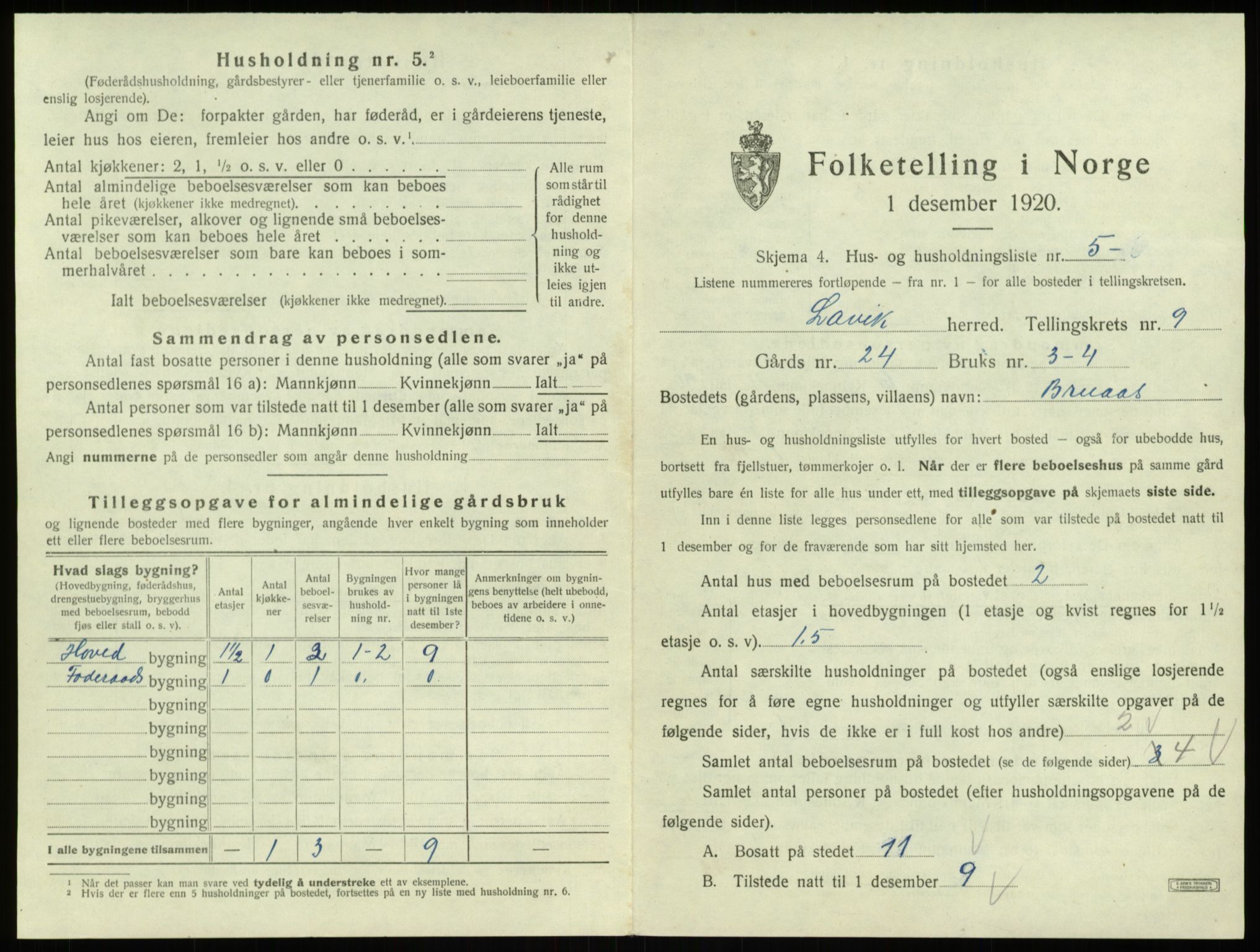 SAB, 1920 census for Lavik, 1920, p. 301