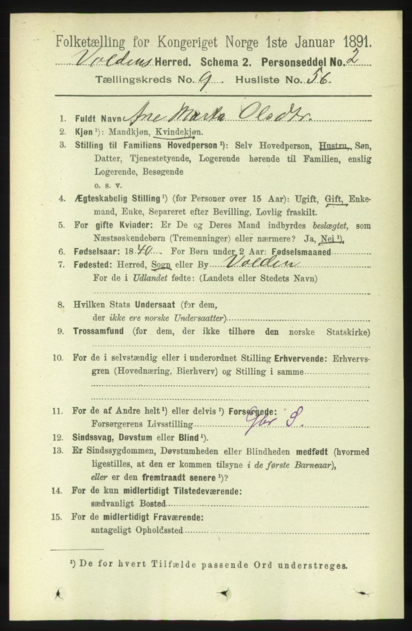 RA, 1891 census for 1519 Volda, 1891, p. 4624