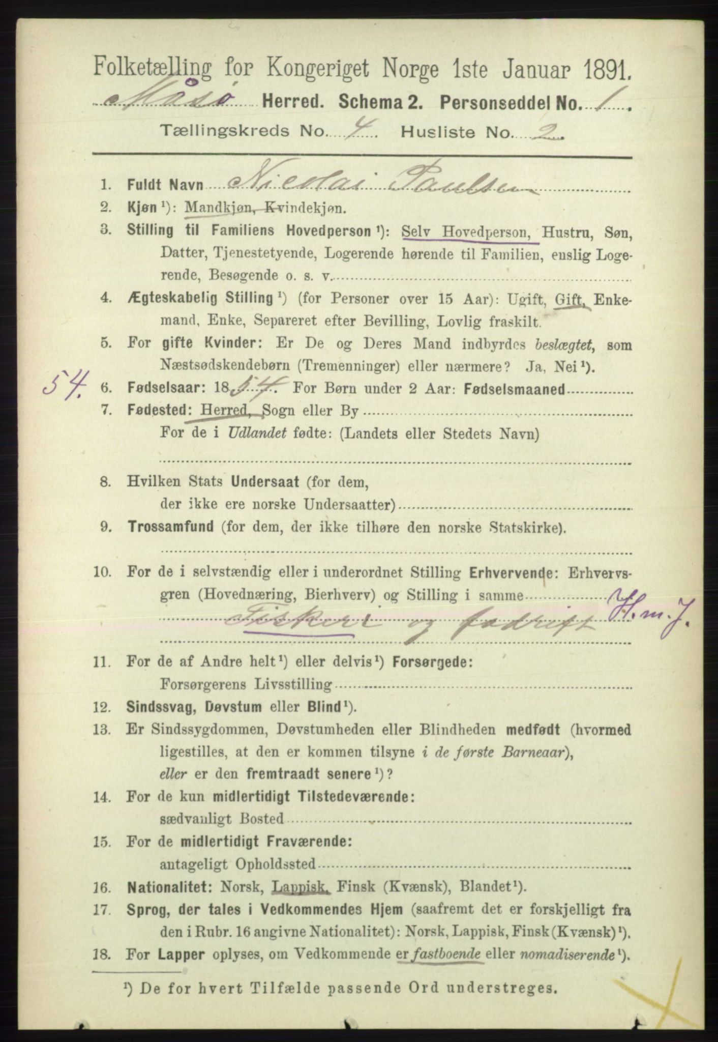 RA, 1891 census for 2018 Måsøy, 1891, p. 536