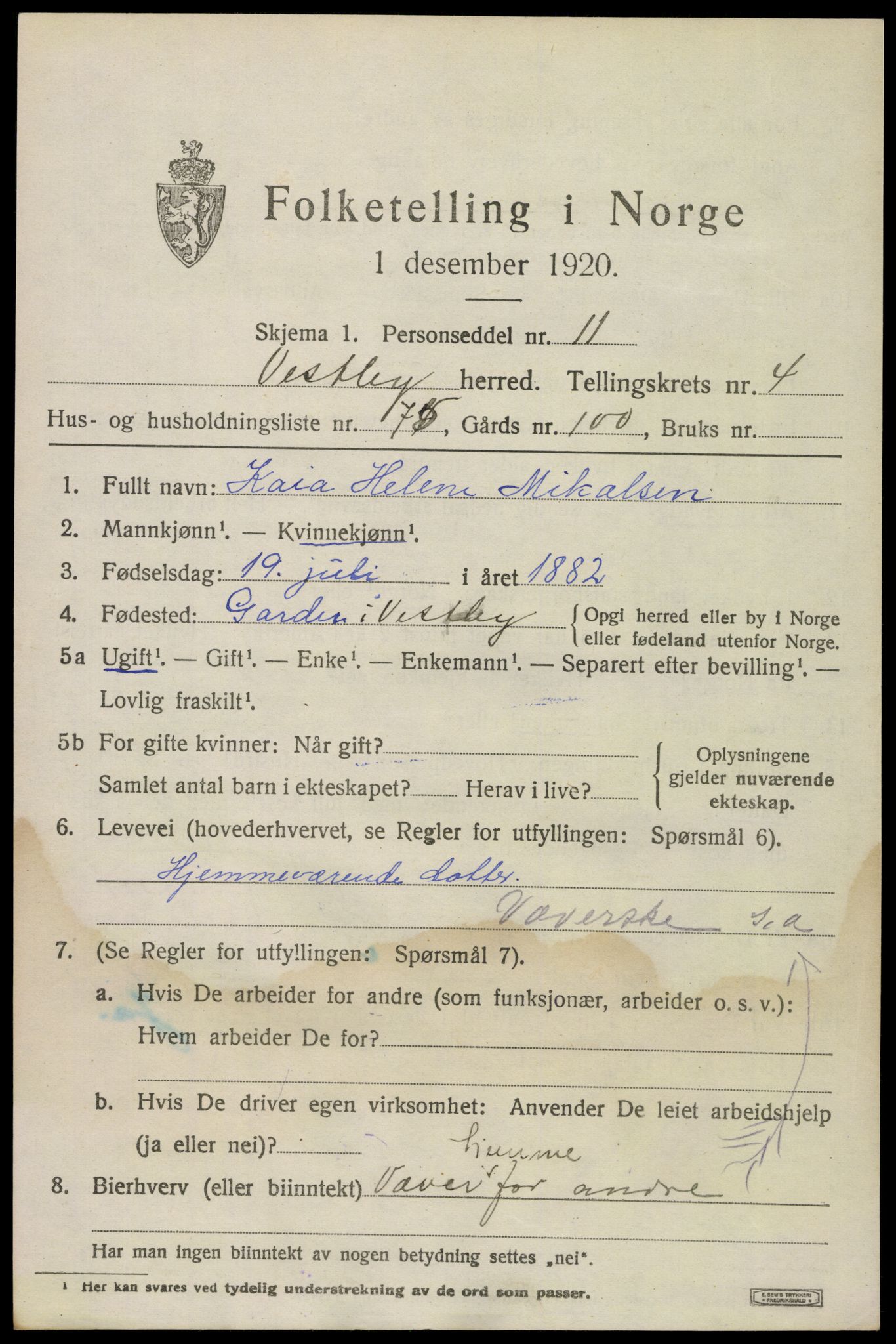 SAO, 1920 census for Vestby, 1920, p. 5273