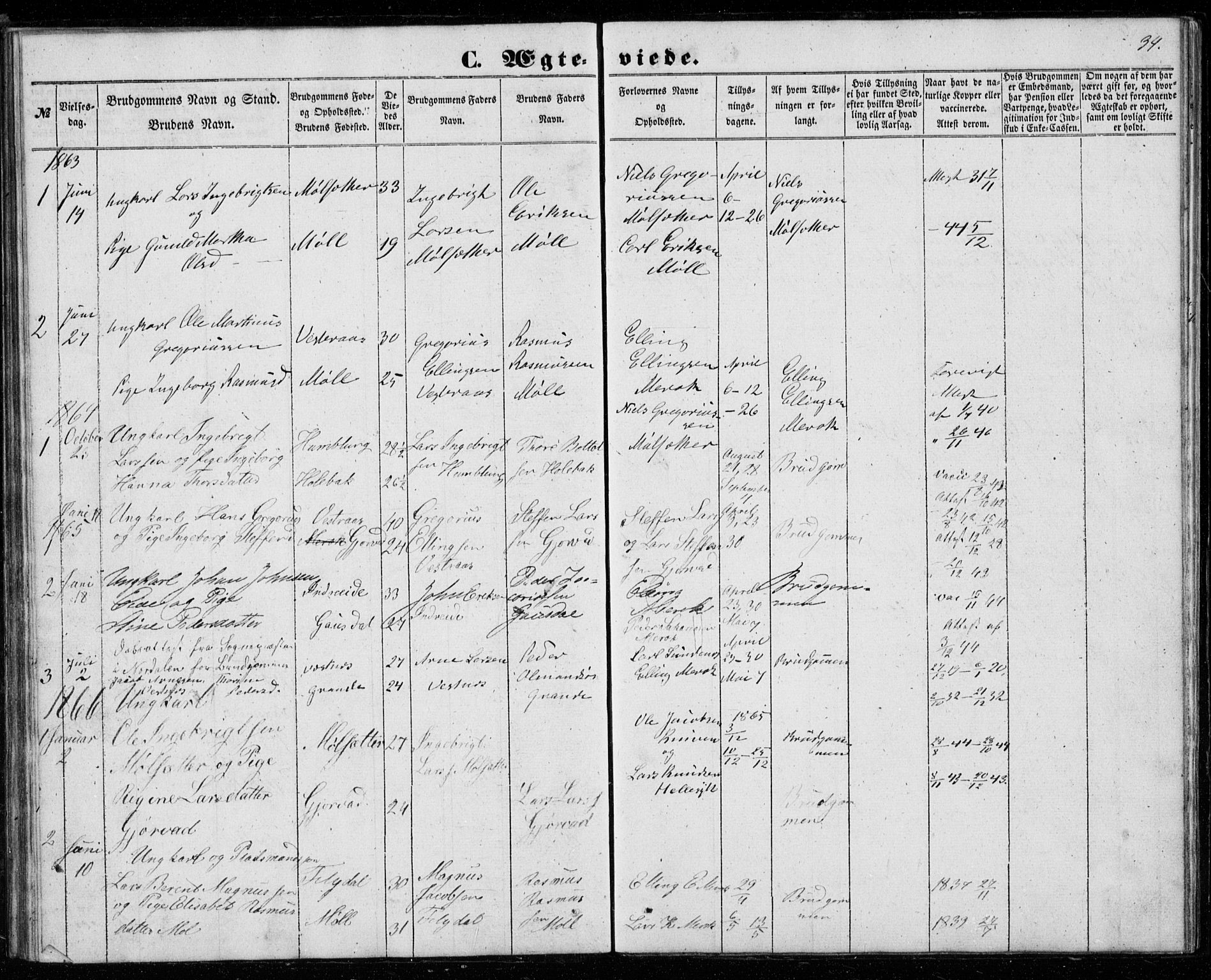 Ministerialprotokoller, klokkerbøker og fødselsregistre - Møre og Romsdal, SAT/A-1454/518/L0234: Parish register (copy) no. 518C01, 1854-1884, p. 34