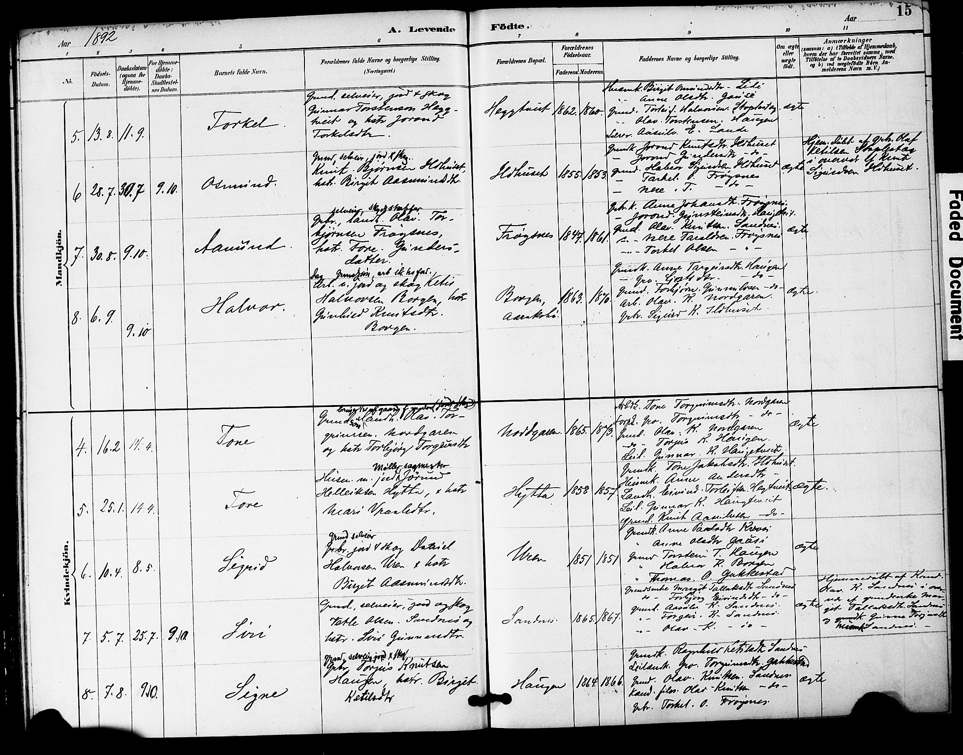 Bygland sokneprestkontor, AV/SAK-1111-0006/F/Fa/Fac/L0001: Parish register (official) no. A 1, 1885-1909, p. 15