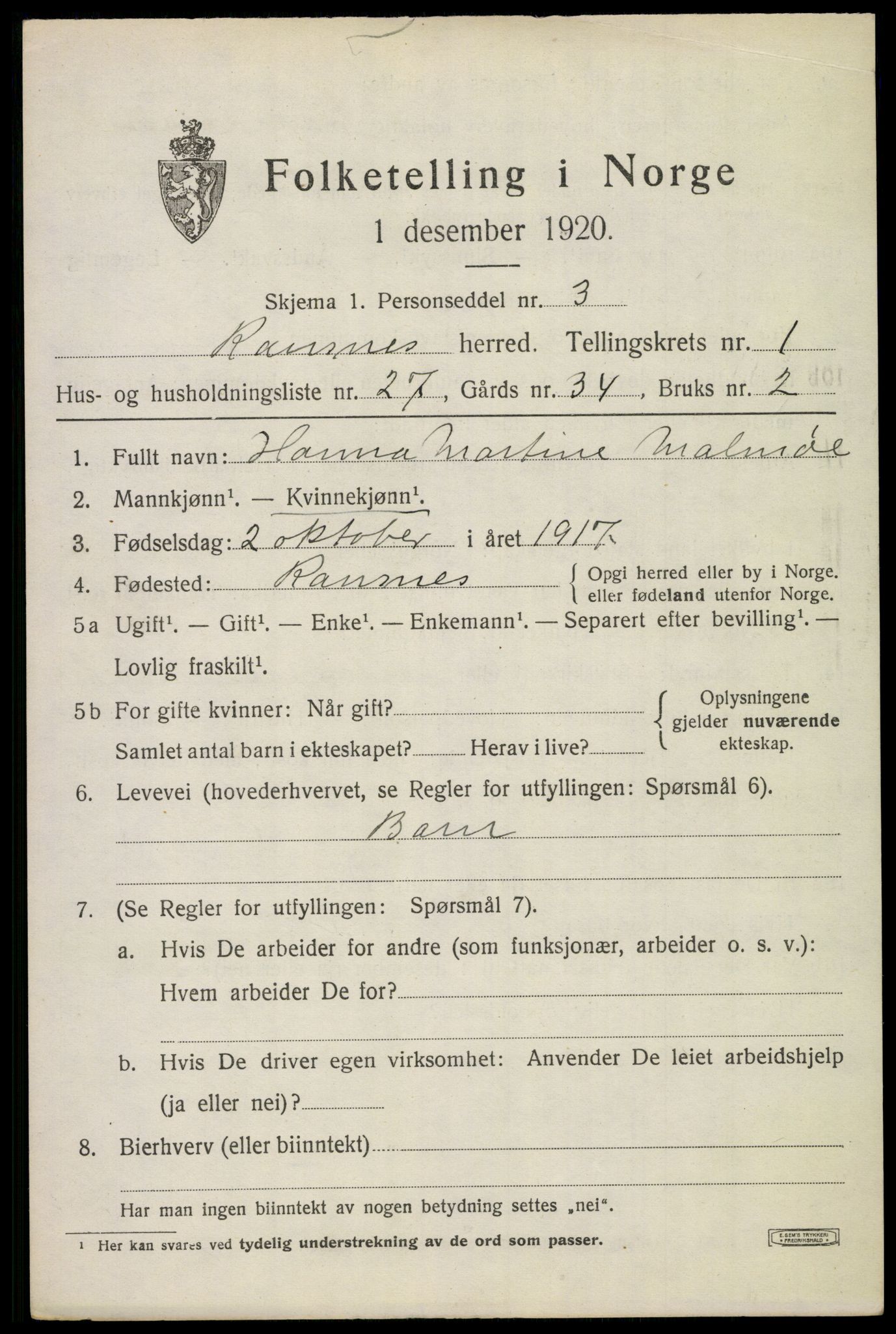SAKO, 1920 census for Ramnes, 1920, p. 1472
