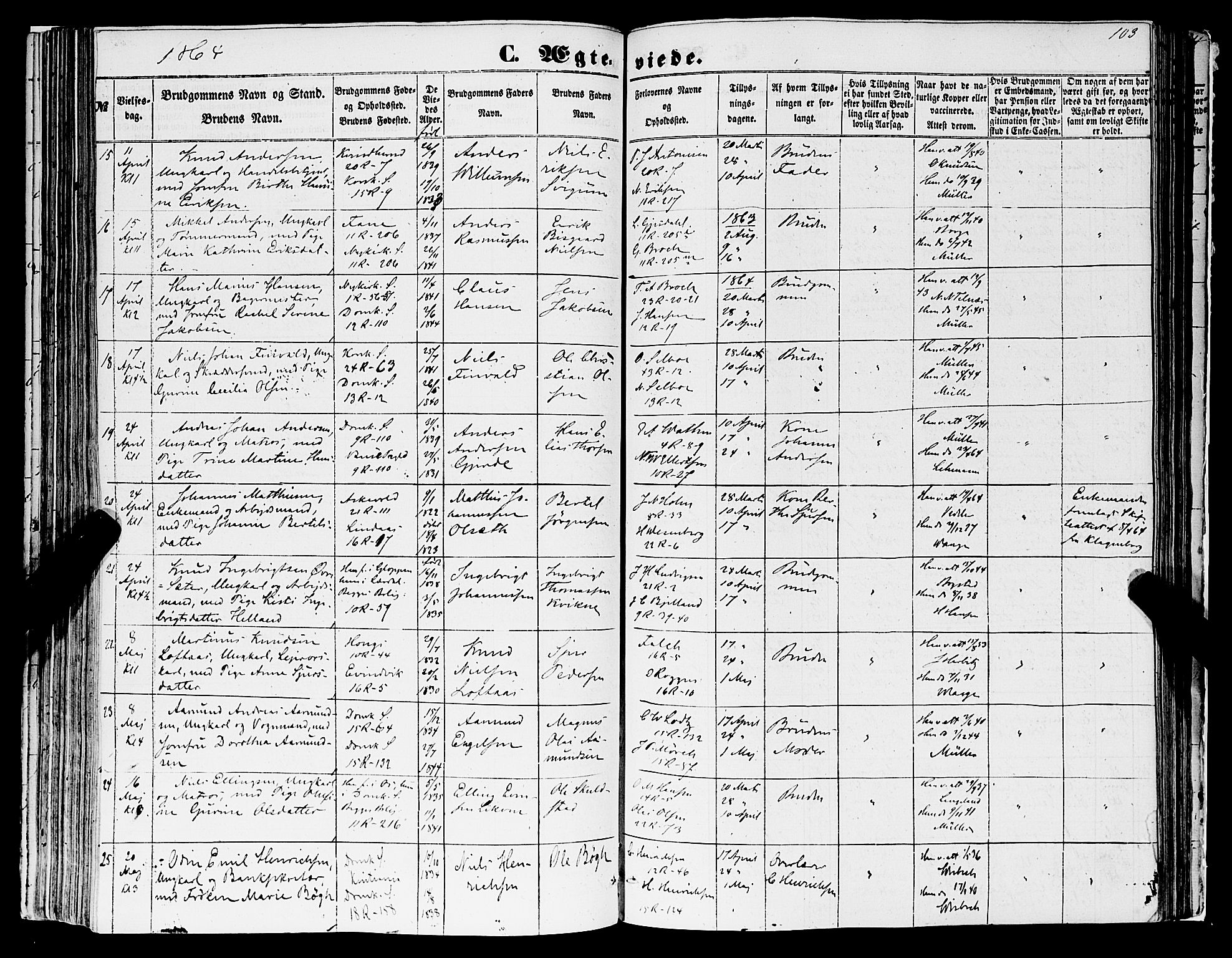 Domkirken sokneprestembete, SAB/A-74801/H/Haa/L0034: Parish register (official) no. D 2, 1853-1874, p. 103