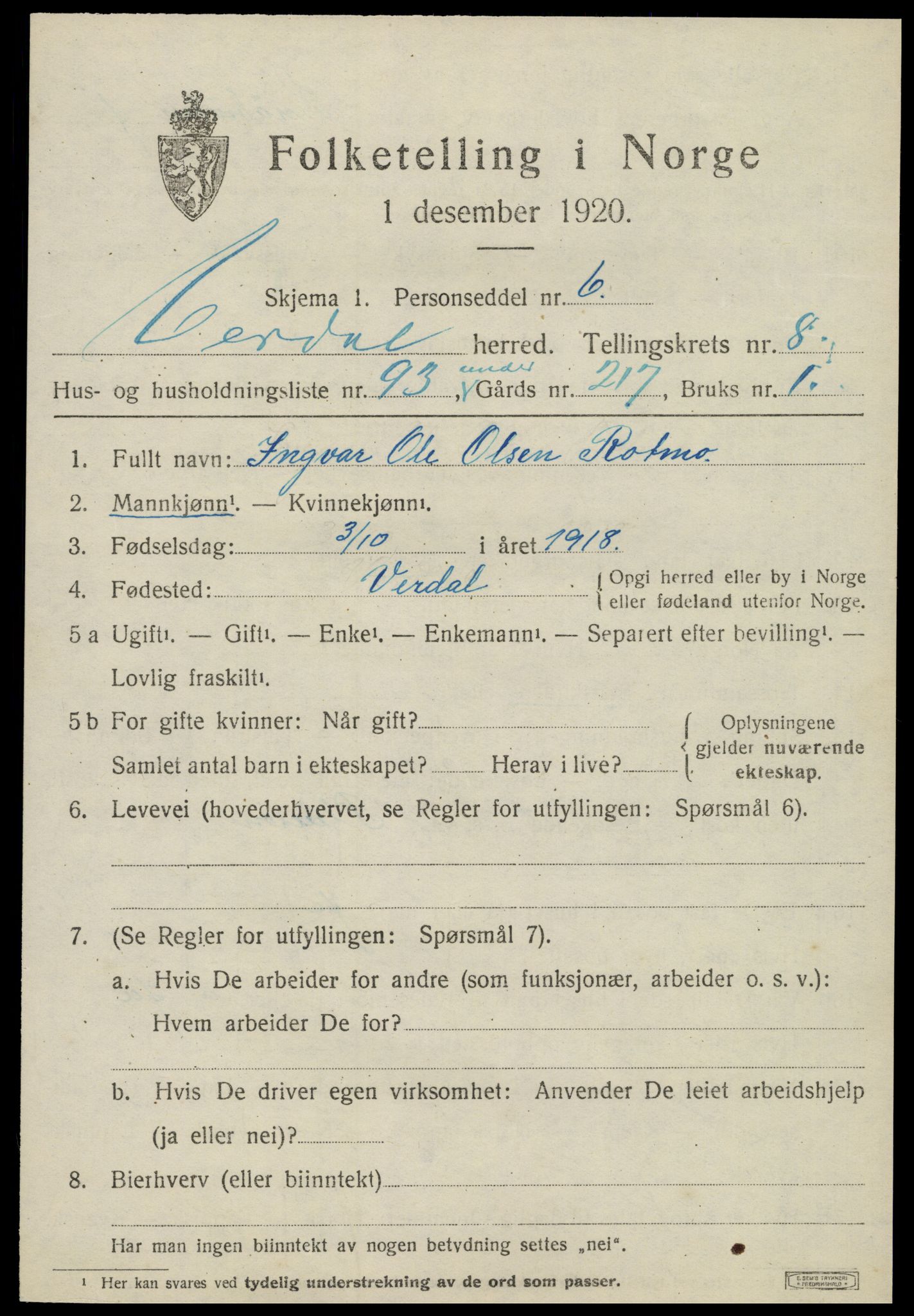 SAT, 1920 census for Verdal, 1920, p. 11353