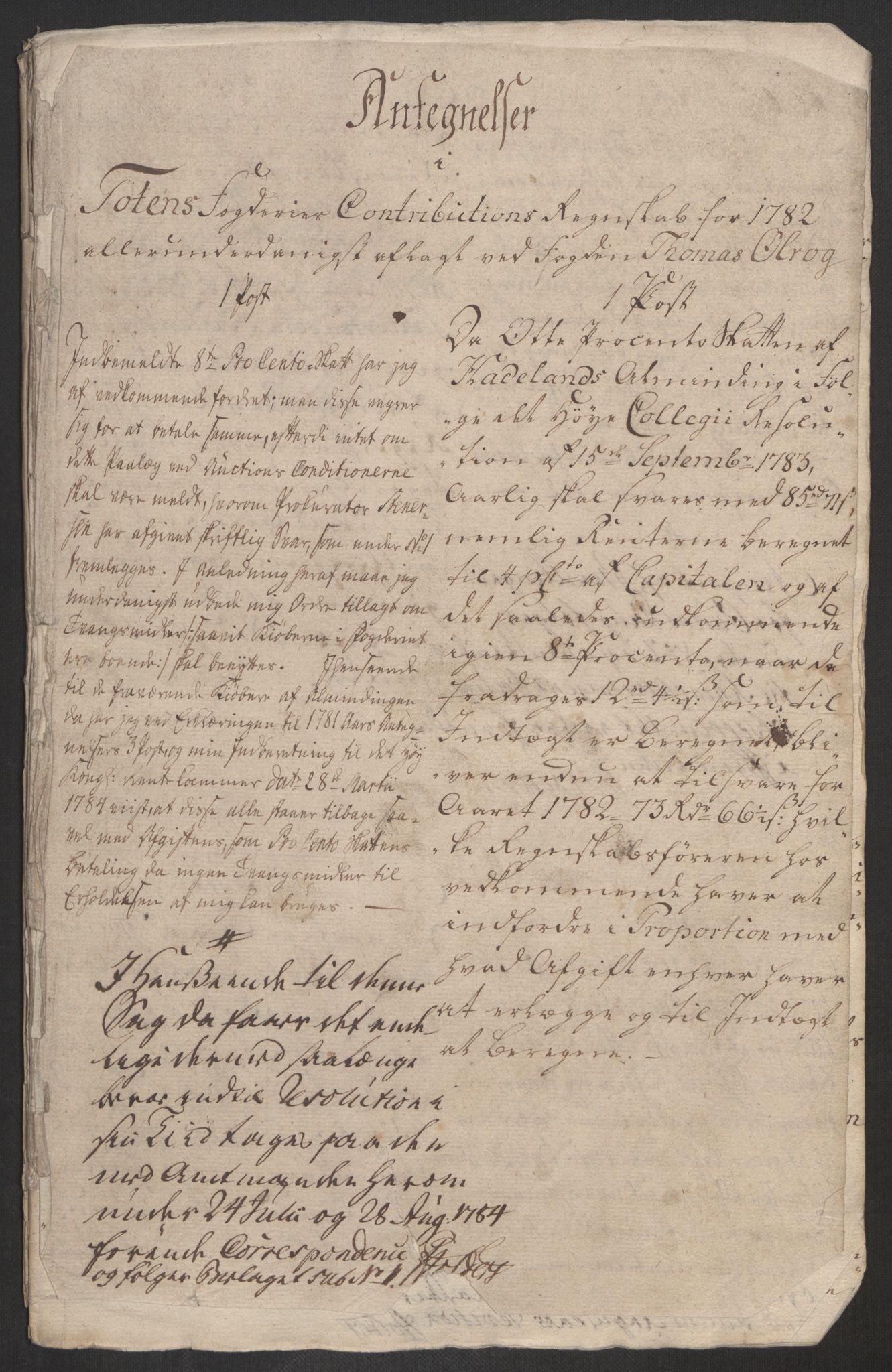 Rentekammeret inntil 1814, Reviderte regnskaper, Fogderegnskap, RA/EA-4092/R19/L1369: Fogderegnskap Toten, Hadeland og Vardal, 1782, p. 406
