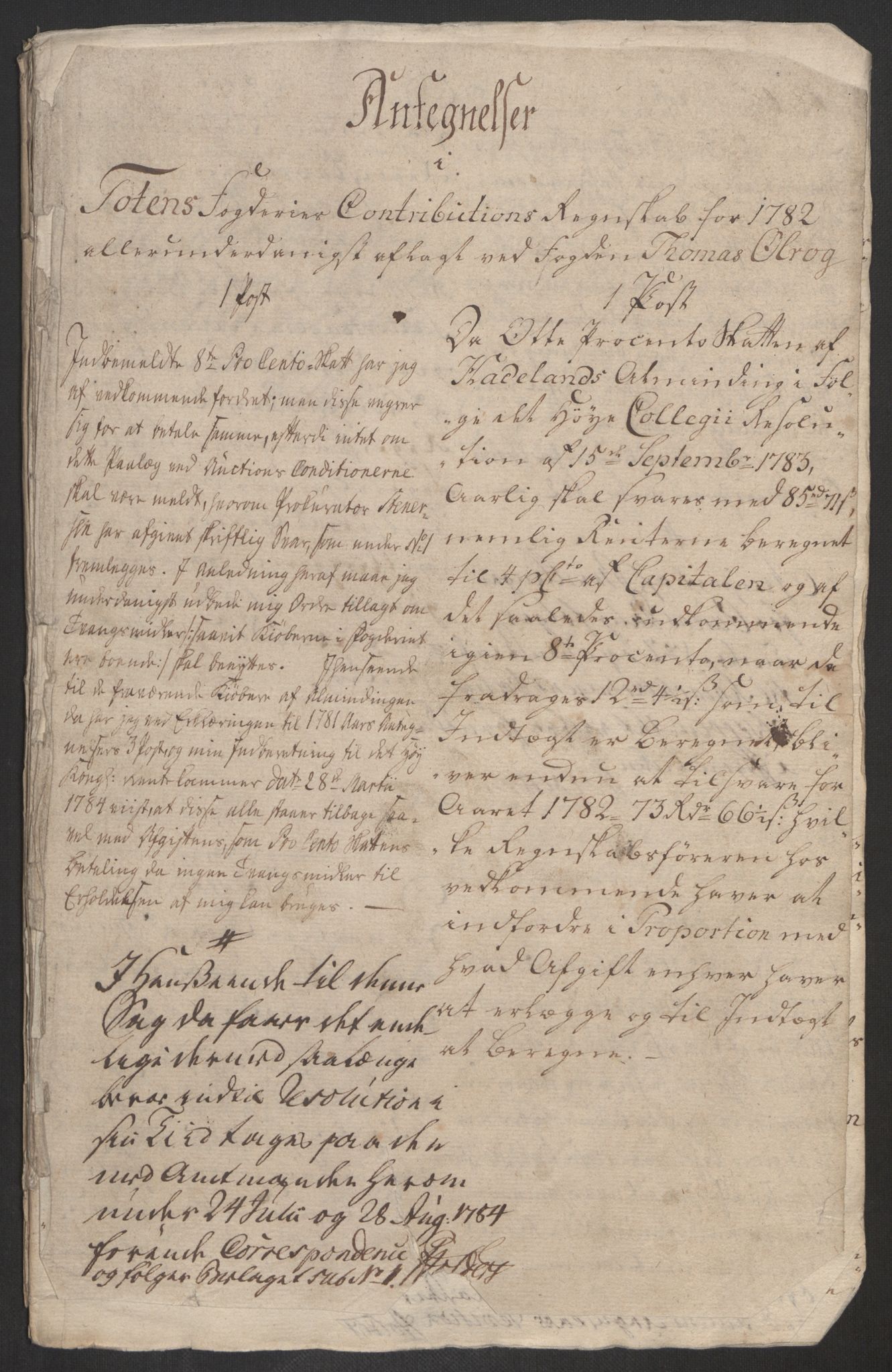 Rentekammeret inntil 1814, Reviderte regnskaper, Fogderegnskap, AV/RA-EA-4092/R19/L1369: Fogderegnskap Toten, Hadeland og Vardal, 1782, p. 406