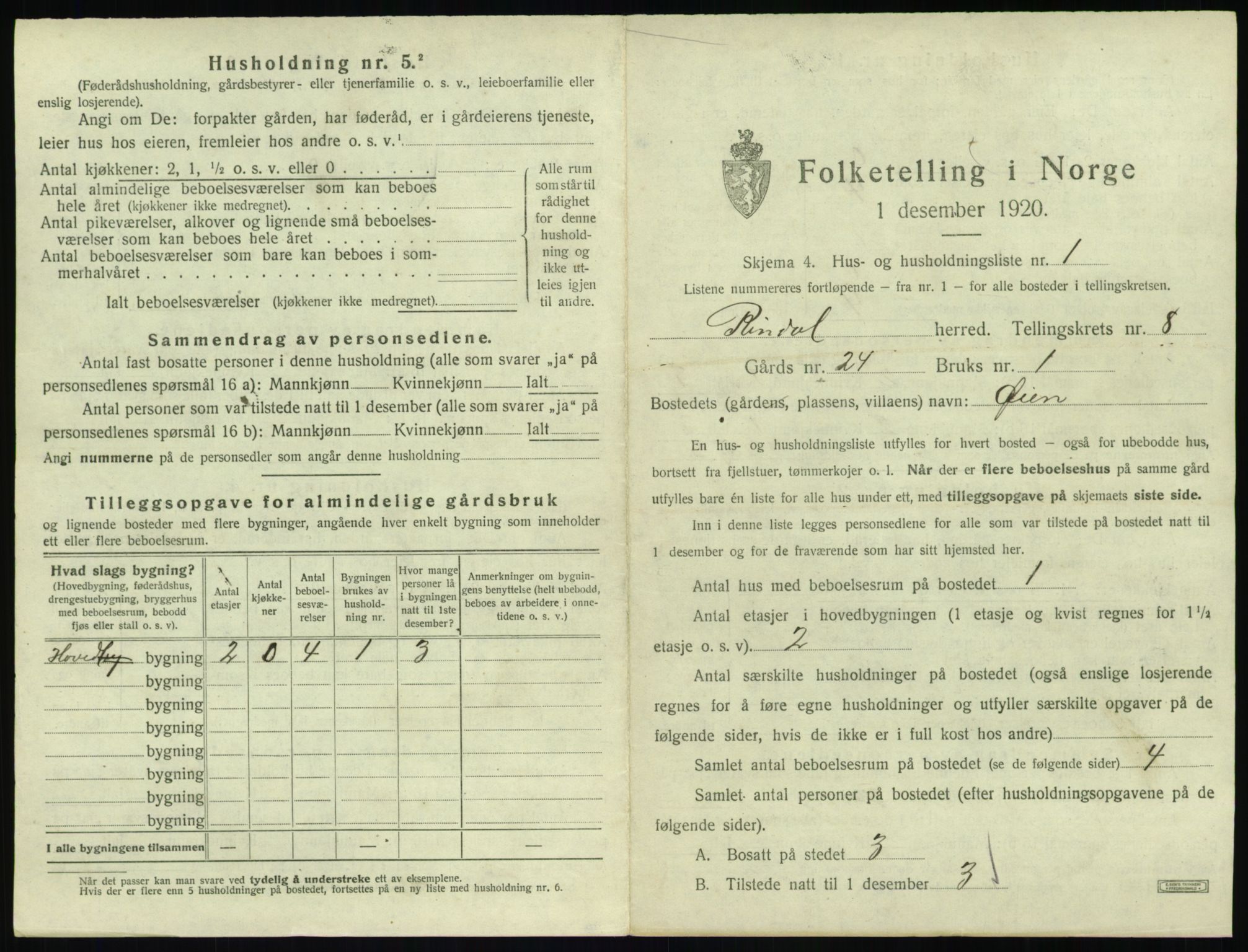 SAT, 1920 census for Rindal, 1920, p. 536