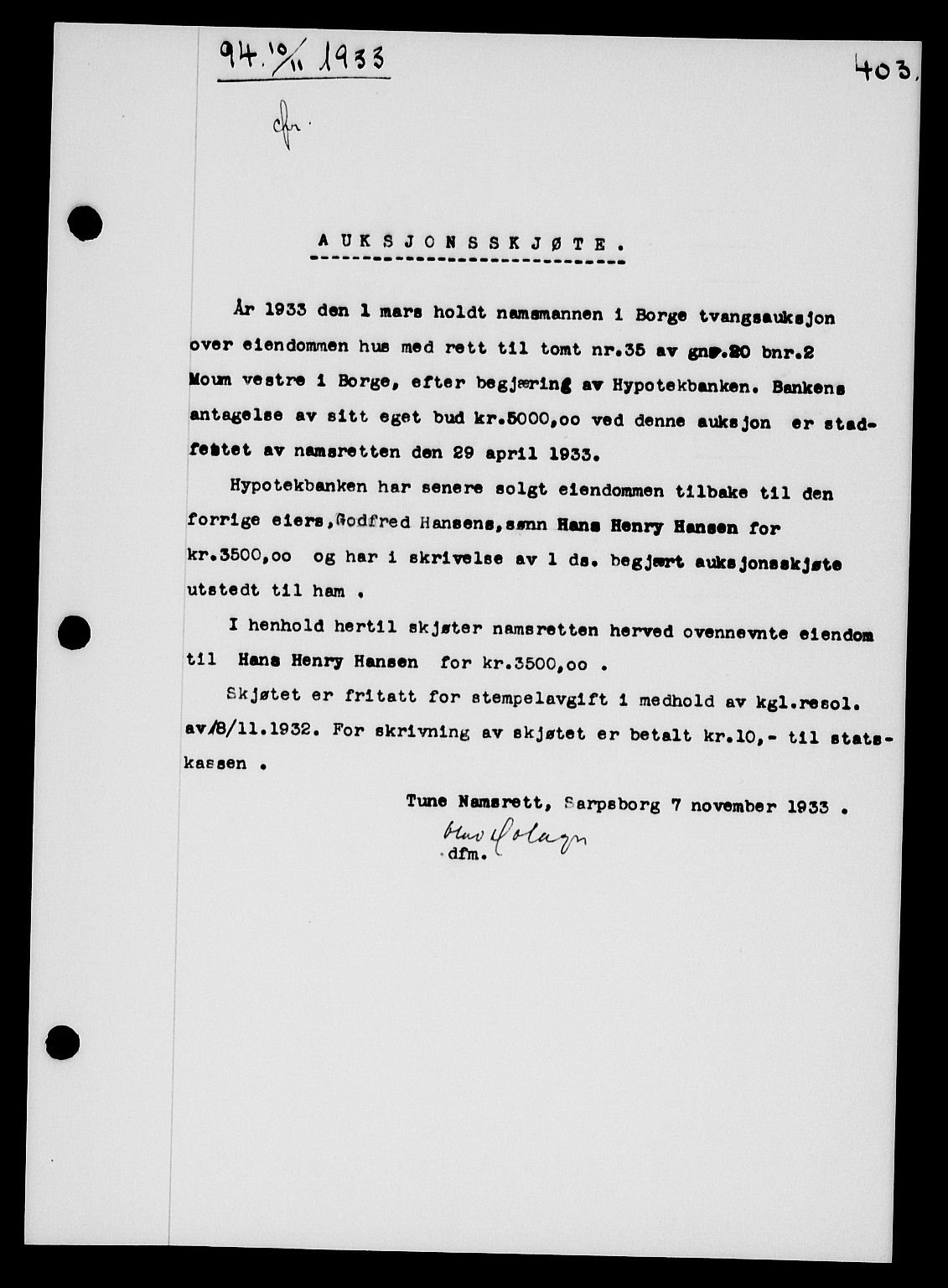 Tune sorenskriveri, AV/SAO-A-10470/G/Gb/Gbb/L0004: Mortgage book no. II 20-24, 1933-1935, Deed date: 10.11.1933