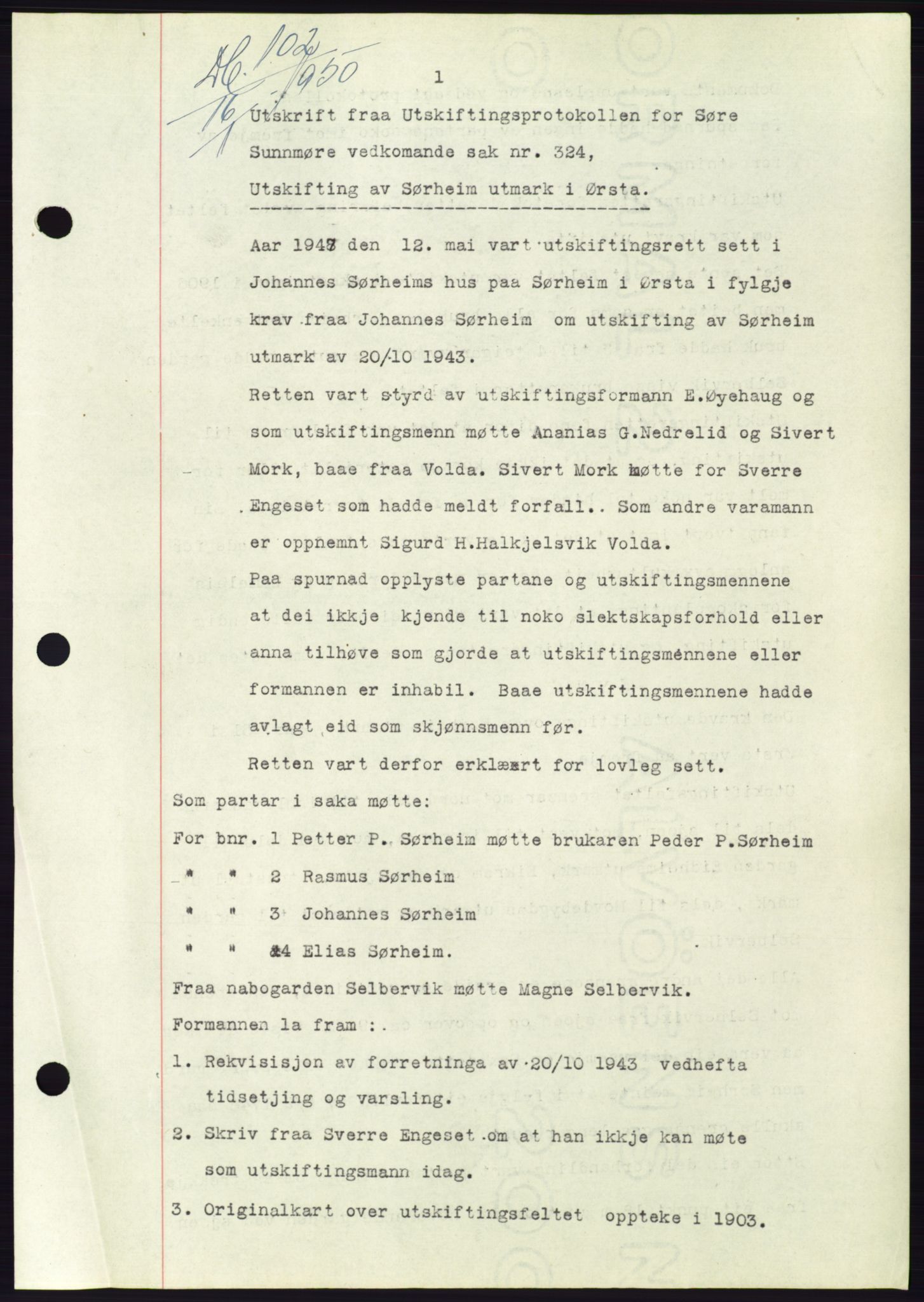 Søre Sunnmøre sorenskriveri, AV/SAT-A-4122/1/2/2C/L0086: Mortgage book no. 12A, 1949-1950, Diary no: : 102/1950