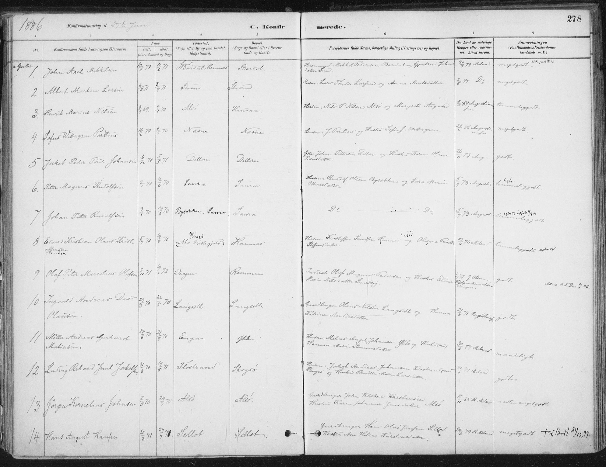 Ministerialprotokoller, klokkerbøker og fødselsregistre - Nordland, AV/SAT-A-1459/838/L0552: Parish register (official) no. 838A10, 1880-1910, p. 278