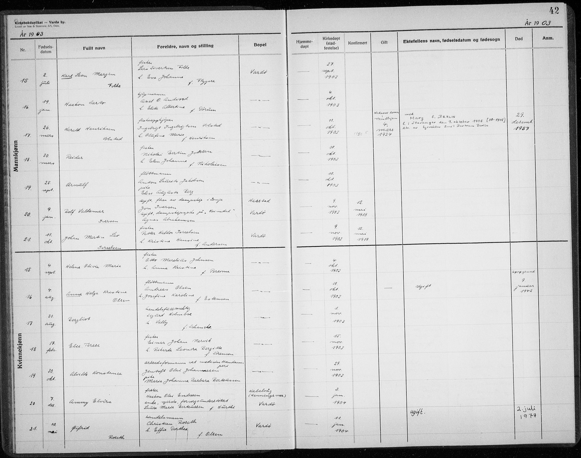 Vardø sokneprestkontor, AV/SATØ-S-1332/H/Hc/L0001kirkerekon: Other parish register no. 1, 1900-1914, p. 42