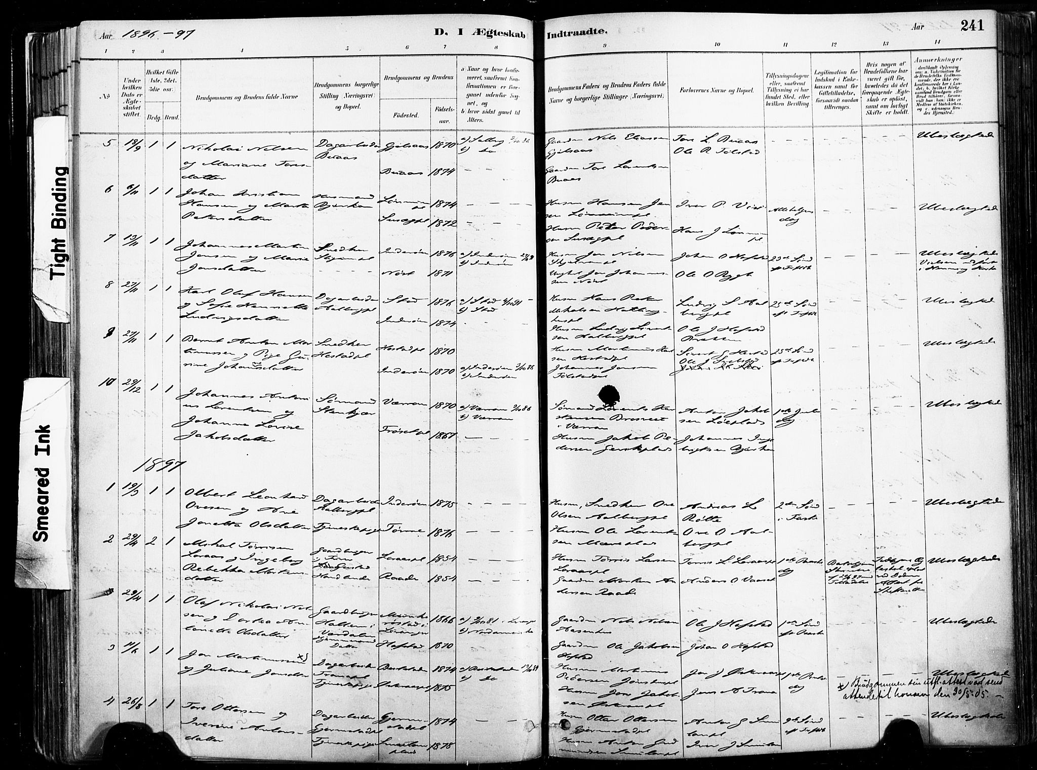 Ministerialprotokoller, klokkerbøker og fødselsregistre - Nord-Trøndelag, SAT/A-1458/735/L0351: Parish register (official) no. 735A10, 1884-1908, p. 241
