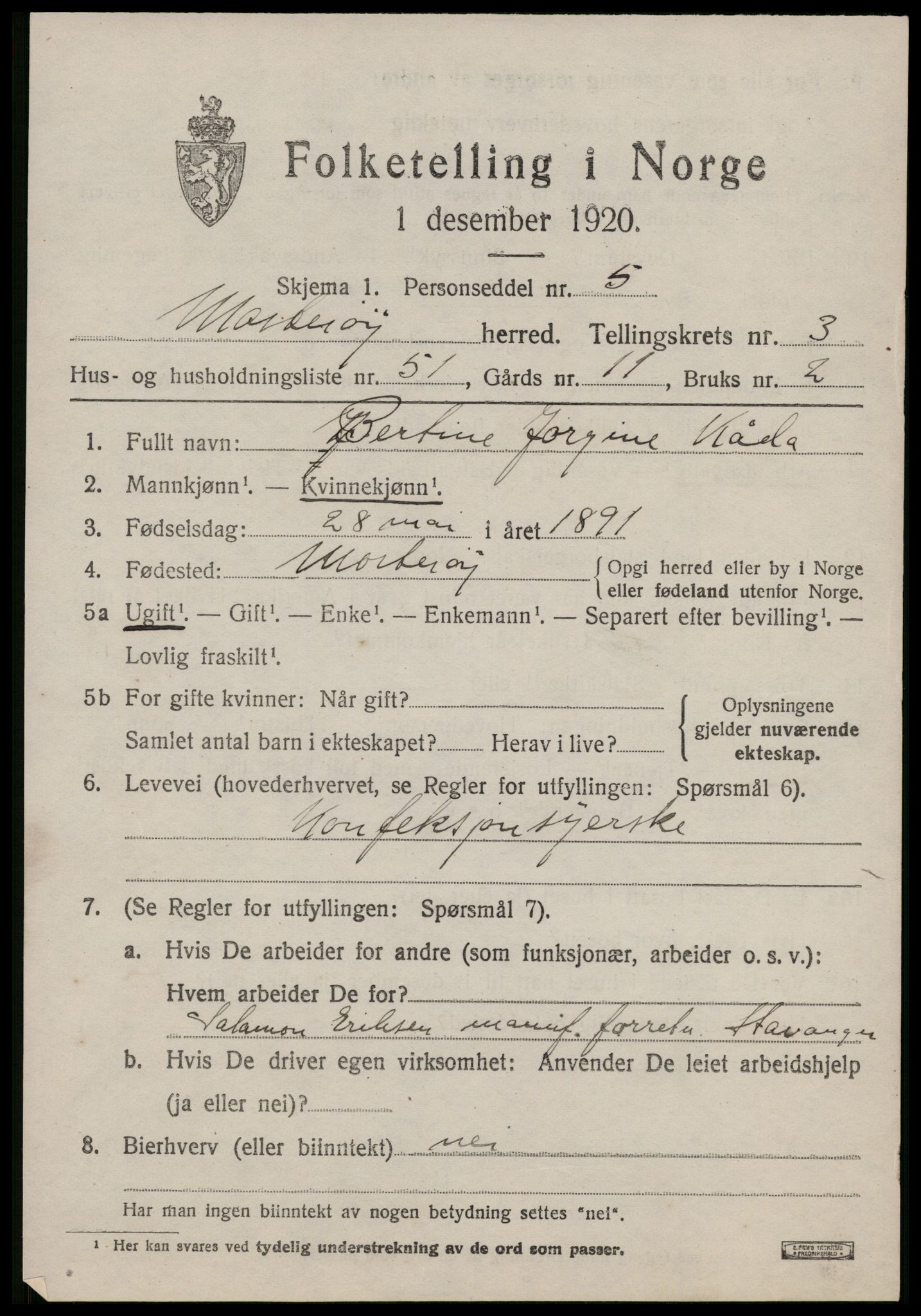 SAST, 1920 census for Mosterøy, 1920, p. 1624