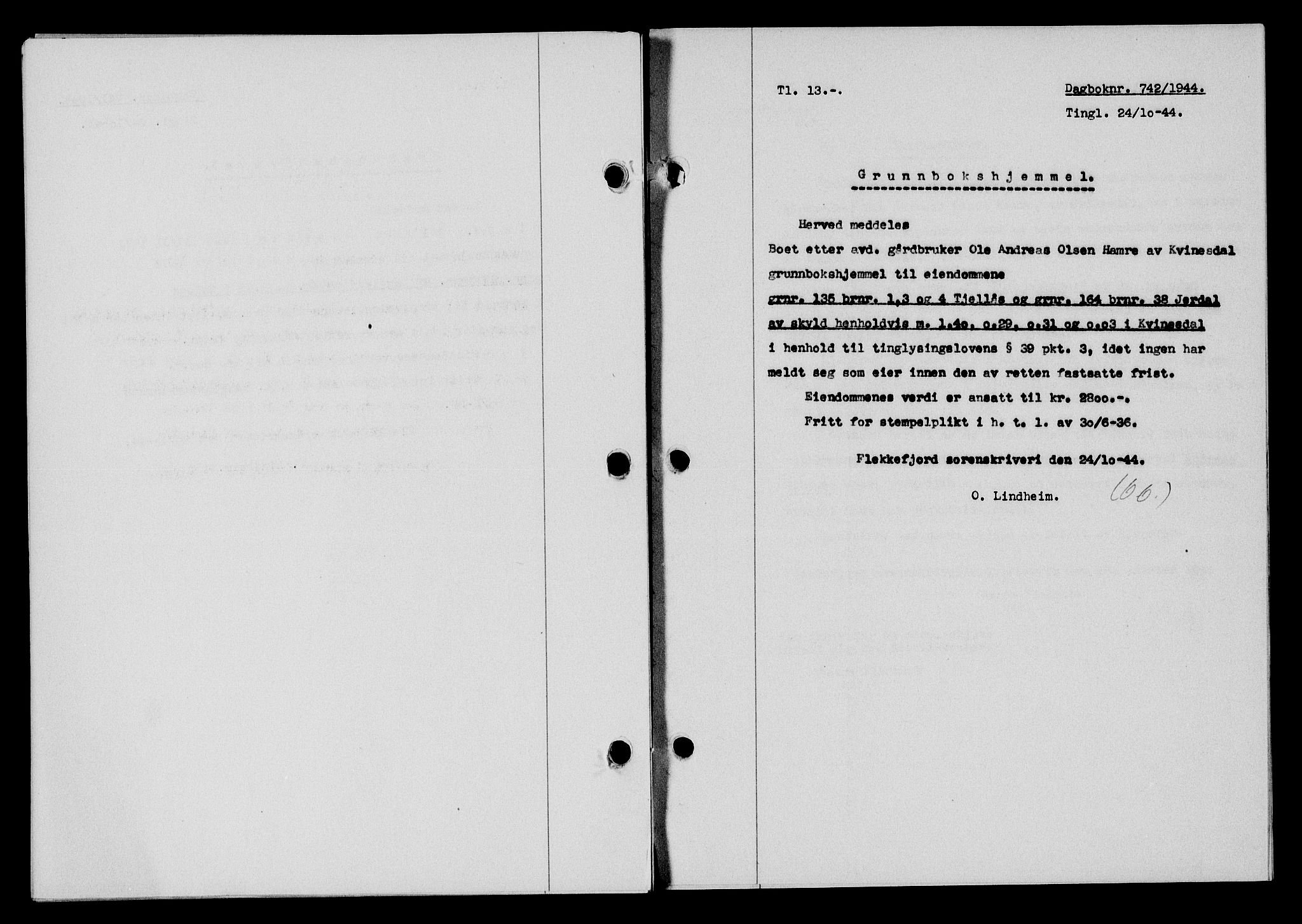 Flekkefjord sorenskriveri, SAK/1221-0001/G/Gb/Gba/L0059: Mortgage book no. A-7, 1944-1945, Diary no: : 742/1944
