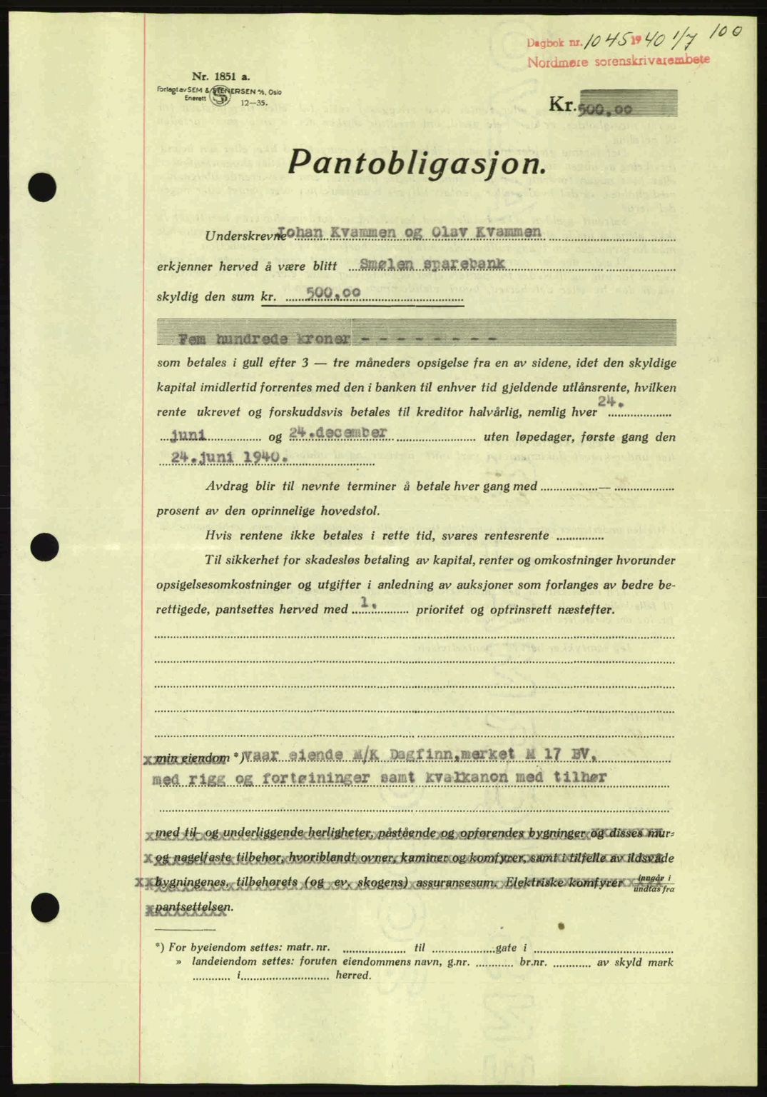 Nordmøre sorenskriveri, AV/SAT-A-4132/1/2/2Ca: Mortgage book no. B87, 1940-1941, Diary no: : 1045/1940