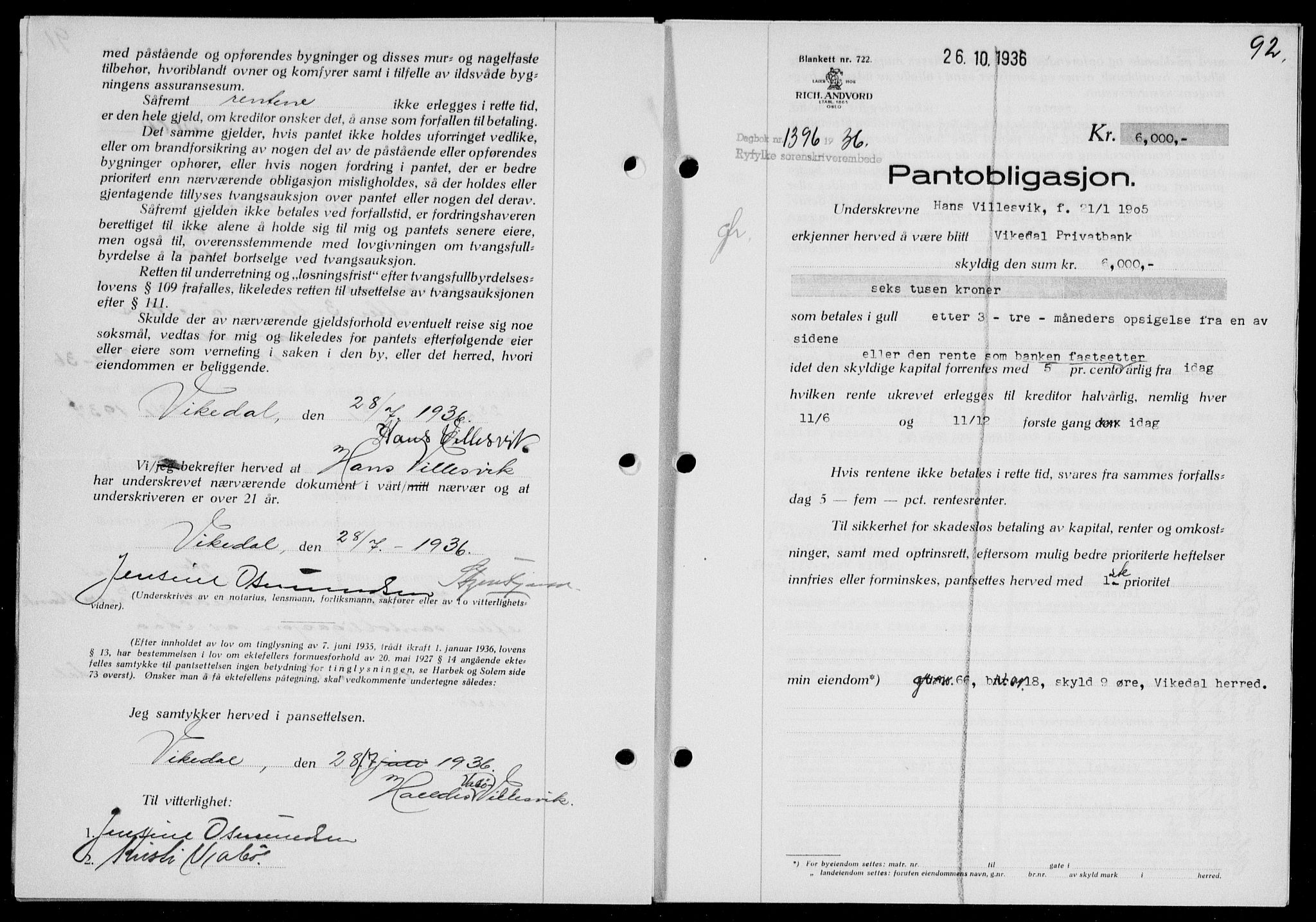 Ryfylke tingrett, AV/SAST-A-100055/001/II/IIB/L0074: Mortgage book no. 53, 1936-1937, Diary no: : 1396/1936