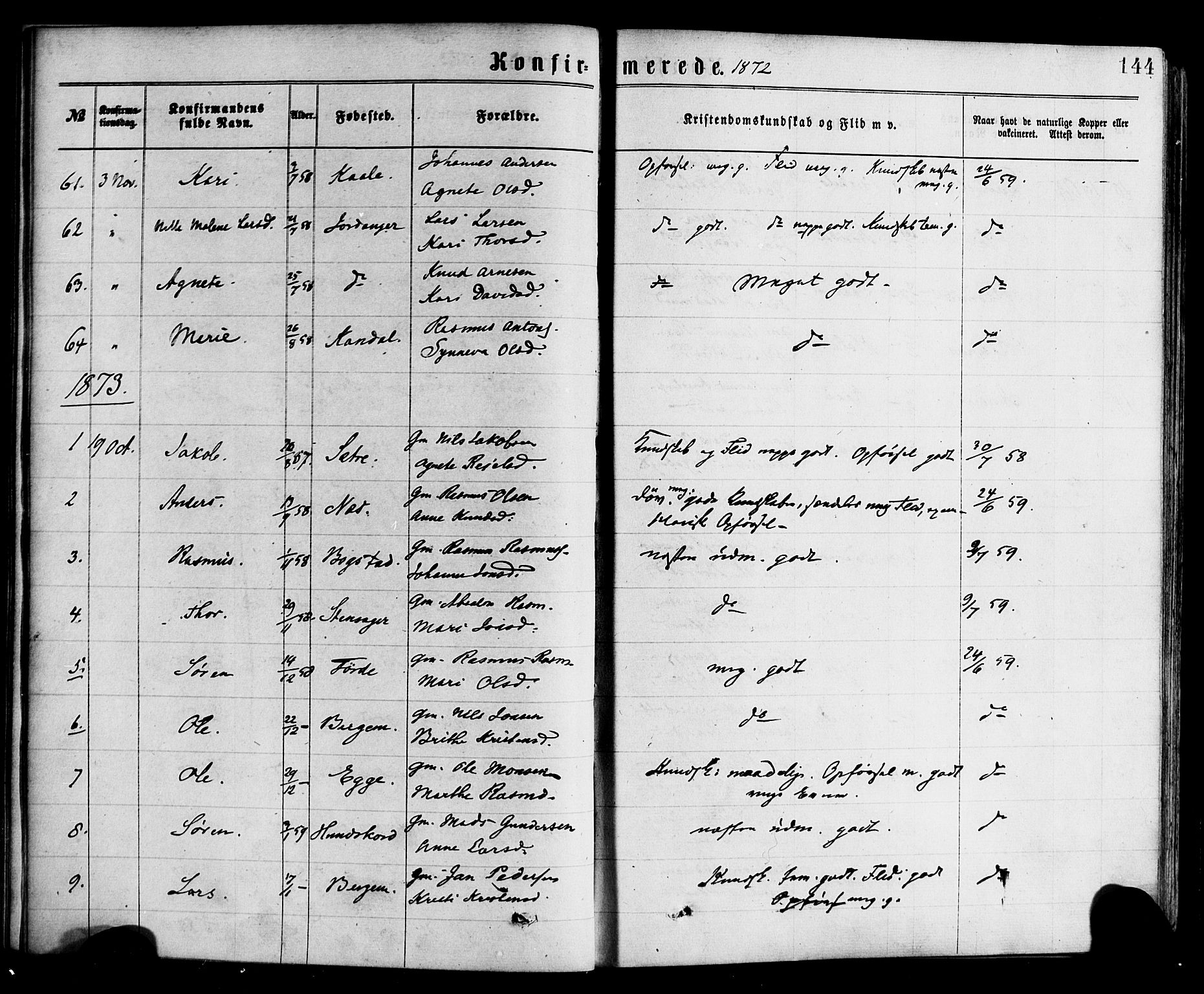 Gloppen sokneprestembete, AV/SAB-A-80101/H/Haa/Haac/L0001: Parish register (official) no. C 1, 1871-1886, p. 144