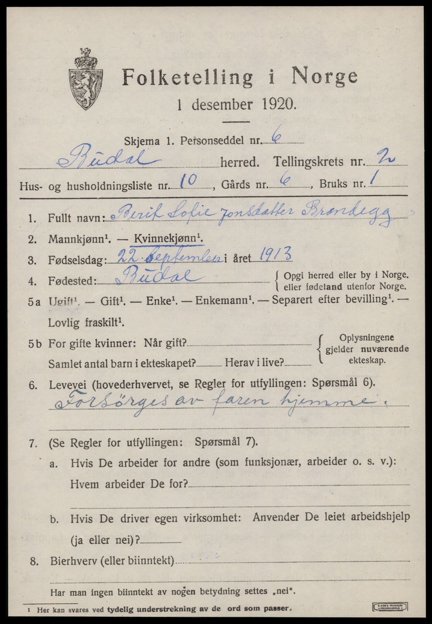 SAT, 1920 census for Budal, 1920, p. 490