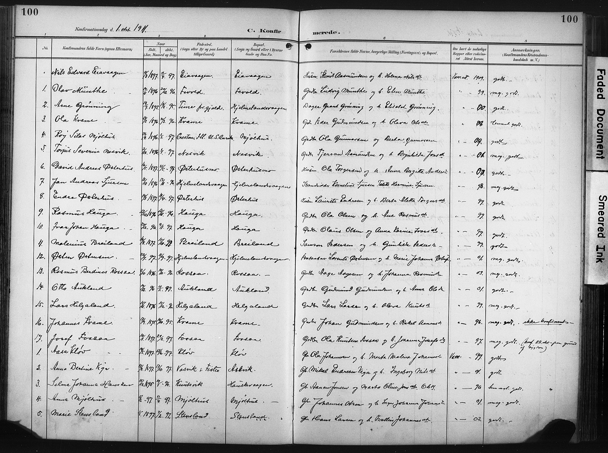 Hjelmeland sokneprestkontor, SAST/A-101843/02/A/L0002: Parish register (official) no. A 17, 1901-1916, p. 100