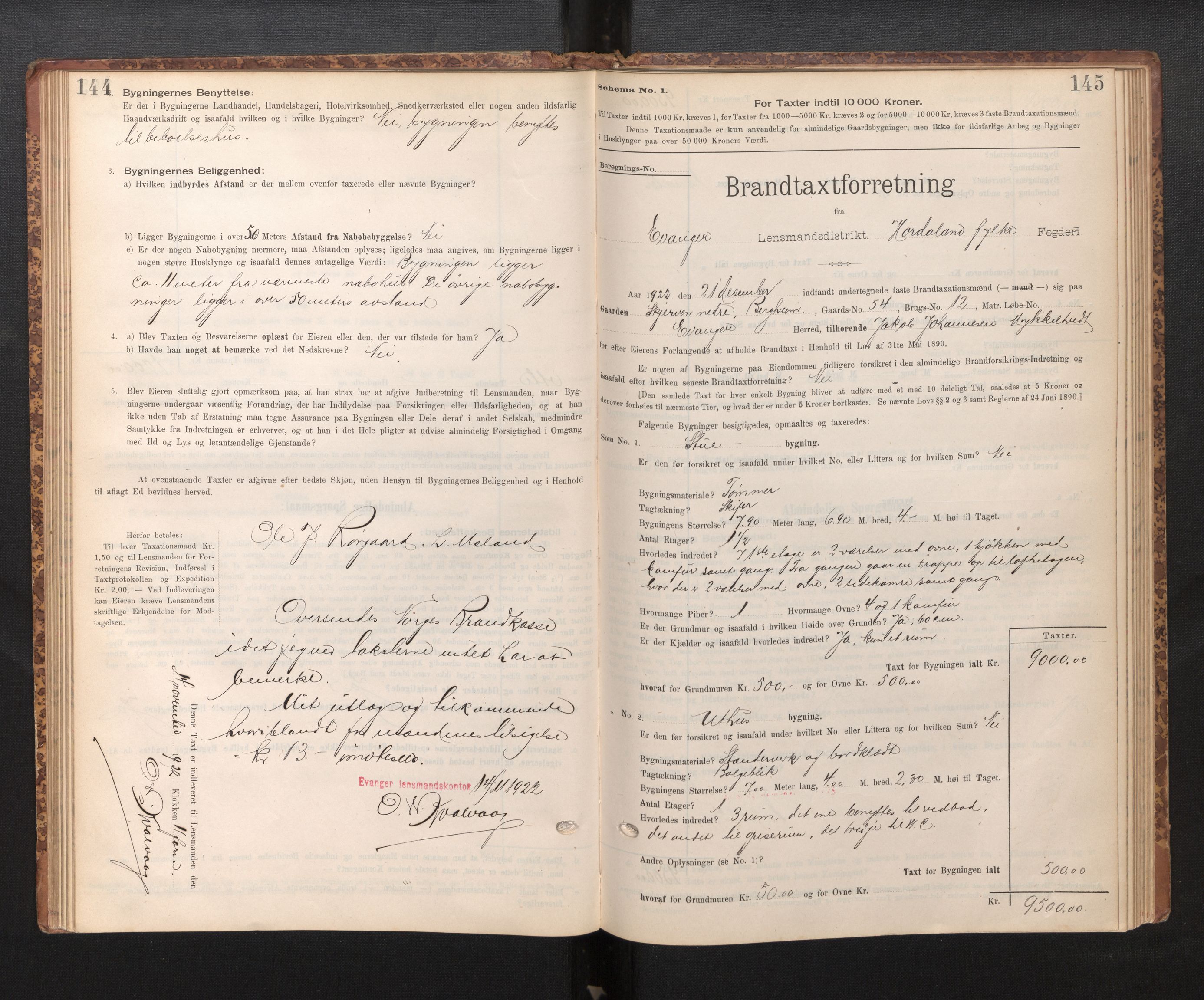 Lensmannen i Evanger, SAB/A-31701/0012/L0005: Branntakstprotokoll, skjematakst, 1895-1935, p. 144-145
