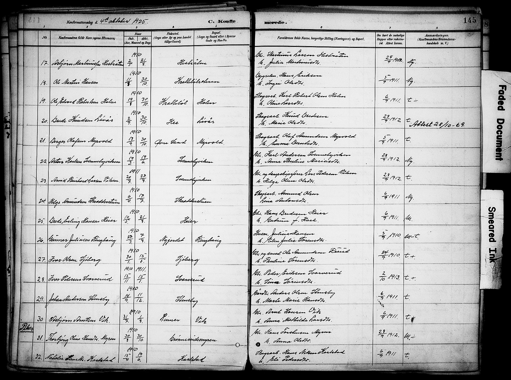 Nord-Odal prestekontor, SAH/PREST-032/H/Ha/Haa/L0007: Parish register (official) no. 7, 1902-1926, p. 145