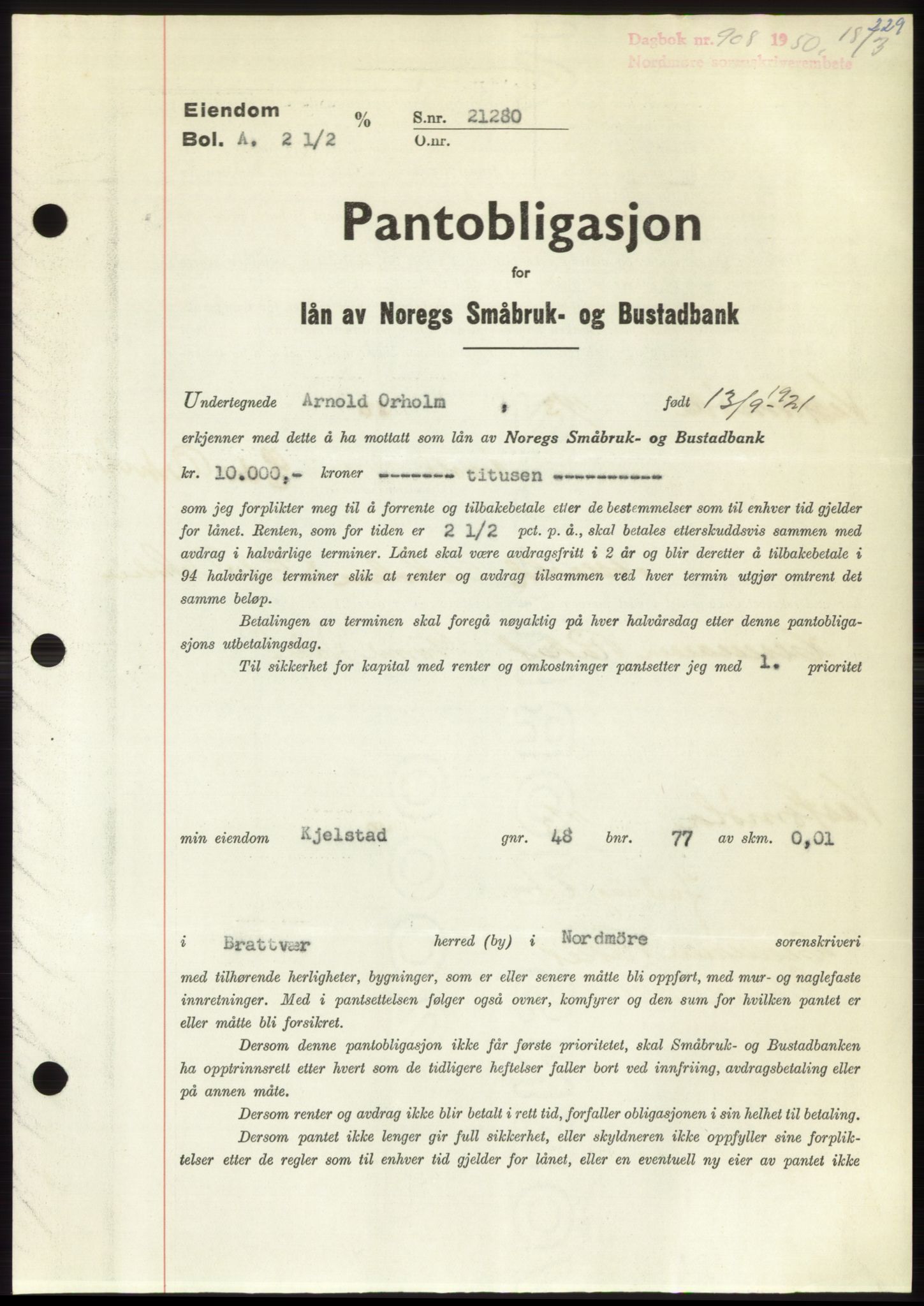 Nordmøre sorenskriveri, AV/SAT-A-4132/1/2/2Ca: Mortgage book no. B104, 1950-1950, Diary no: : 908/1950