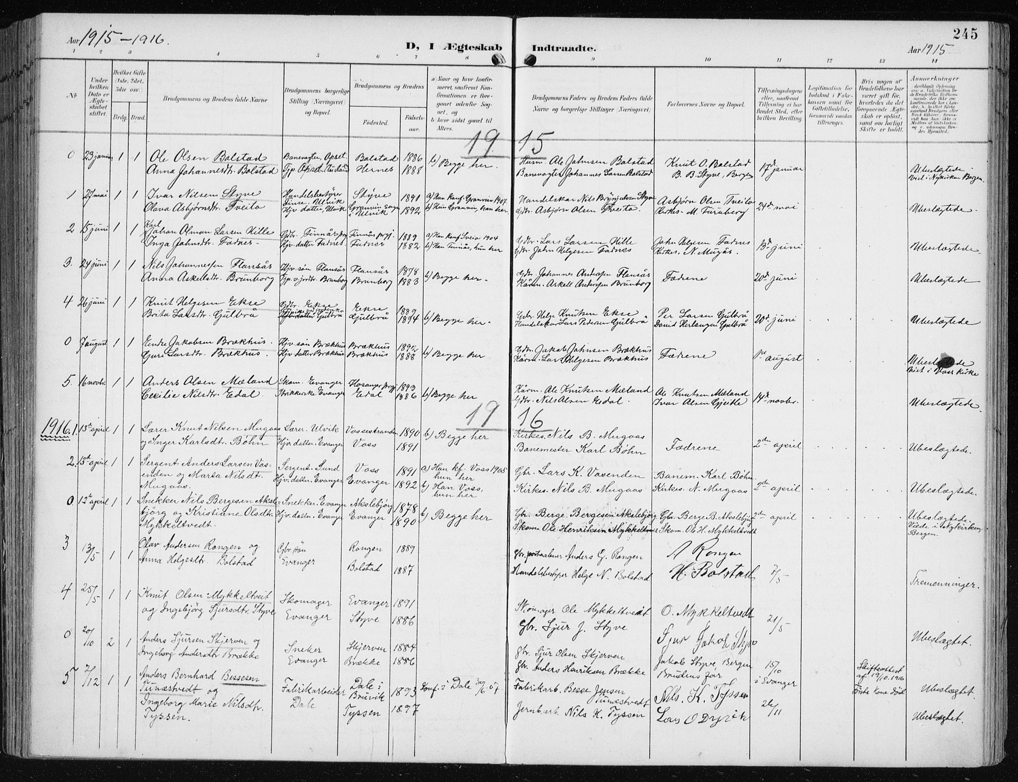 Evanger sokneprestembete, SAB/A-99924: Parish register (official) no. A  3, 1900-1930, p. 245