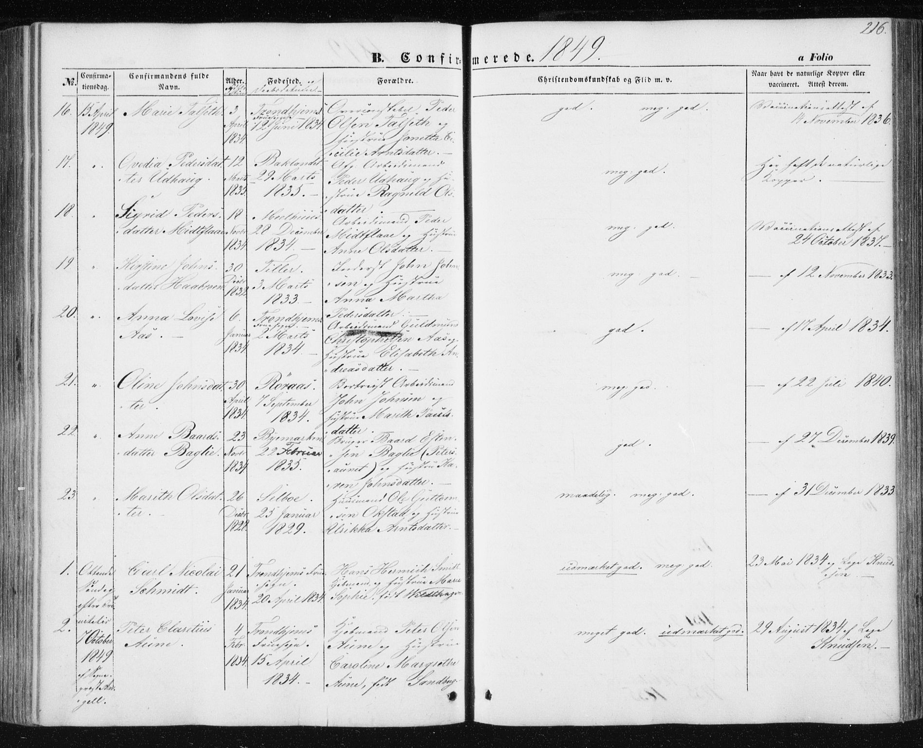 Ministerialprotokoller, klokkerbøker og fødselsregistre - Sør-Trøndelag, AV/SAT-A-1456/602/L0112: Parish register (official) no. 602A10, 1848-1859, p. 216