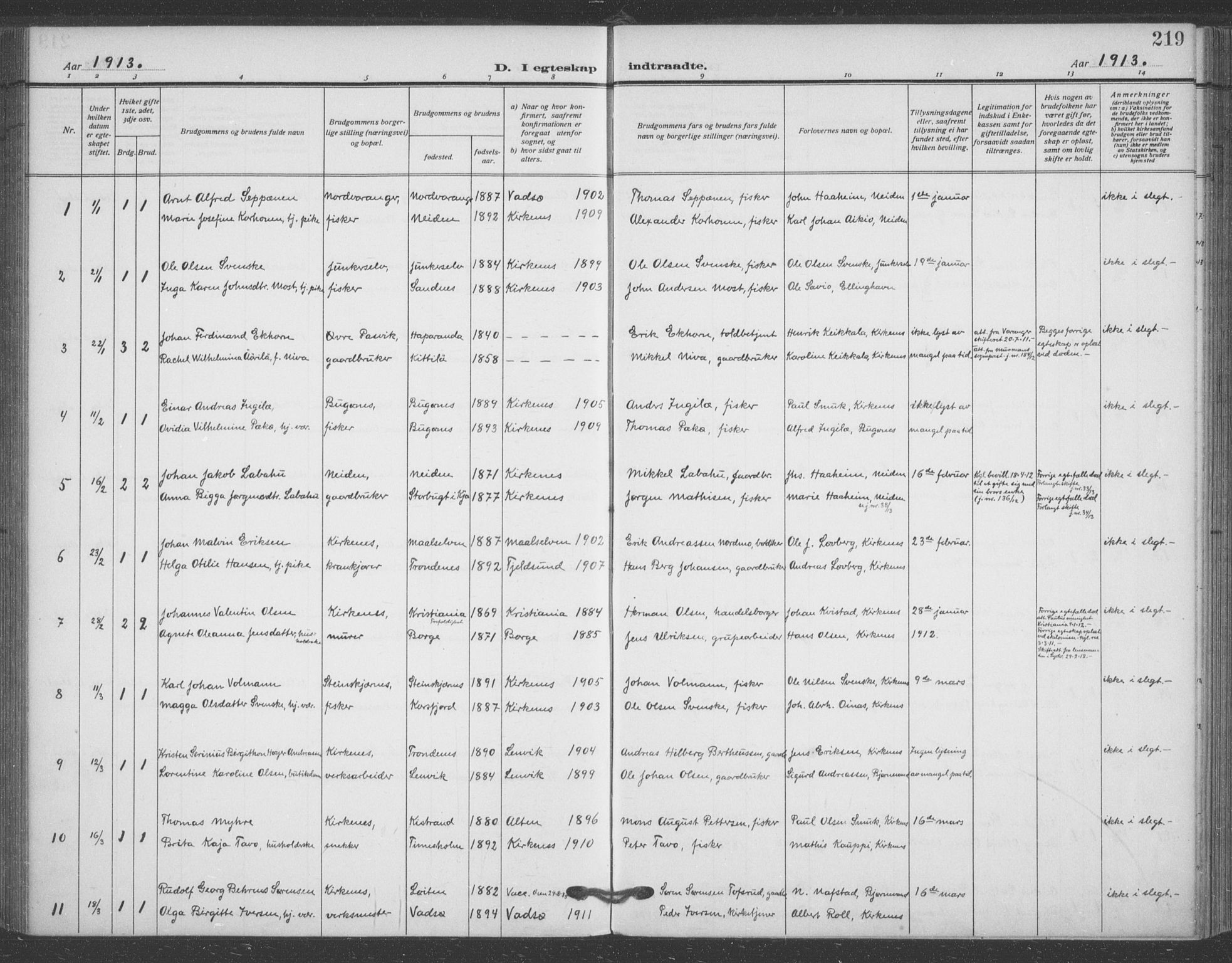 Sør-Varanger sokneprestkontor, SATØ/S-1331/H/Ha/L0005kirke: Parish register (official) no. 5, 1909-1919, p. 219