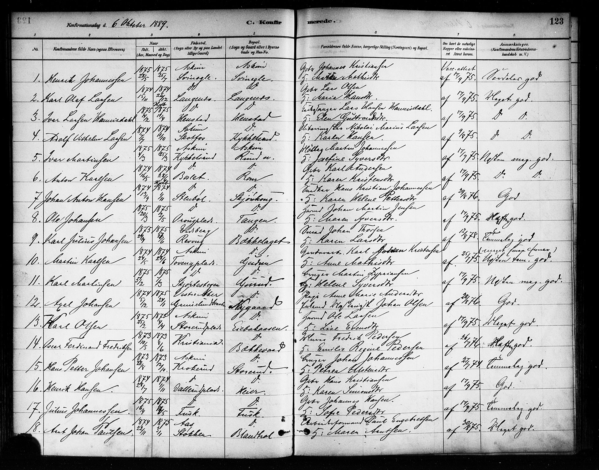 Askim prestekontor Kirkebøker, SAO/A-10900/F/Fa/L0007: Parish register (official) no. 7, 1882-1897, p. 123
