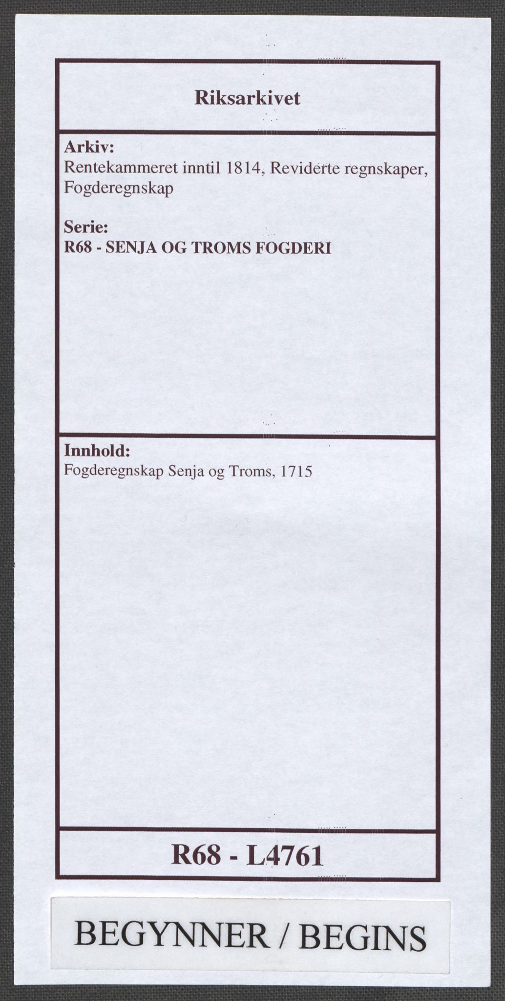 Rentekammeret inntil 1814, Reviderte regnskaper, Fogderegnskap, RA/EA-4092/R68/L4761: Fogderegnskap Senja og Troms, 1715, p. 1