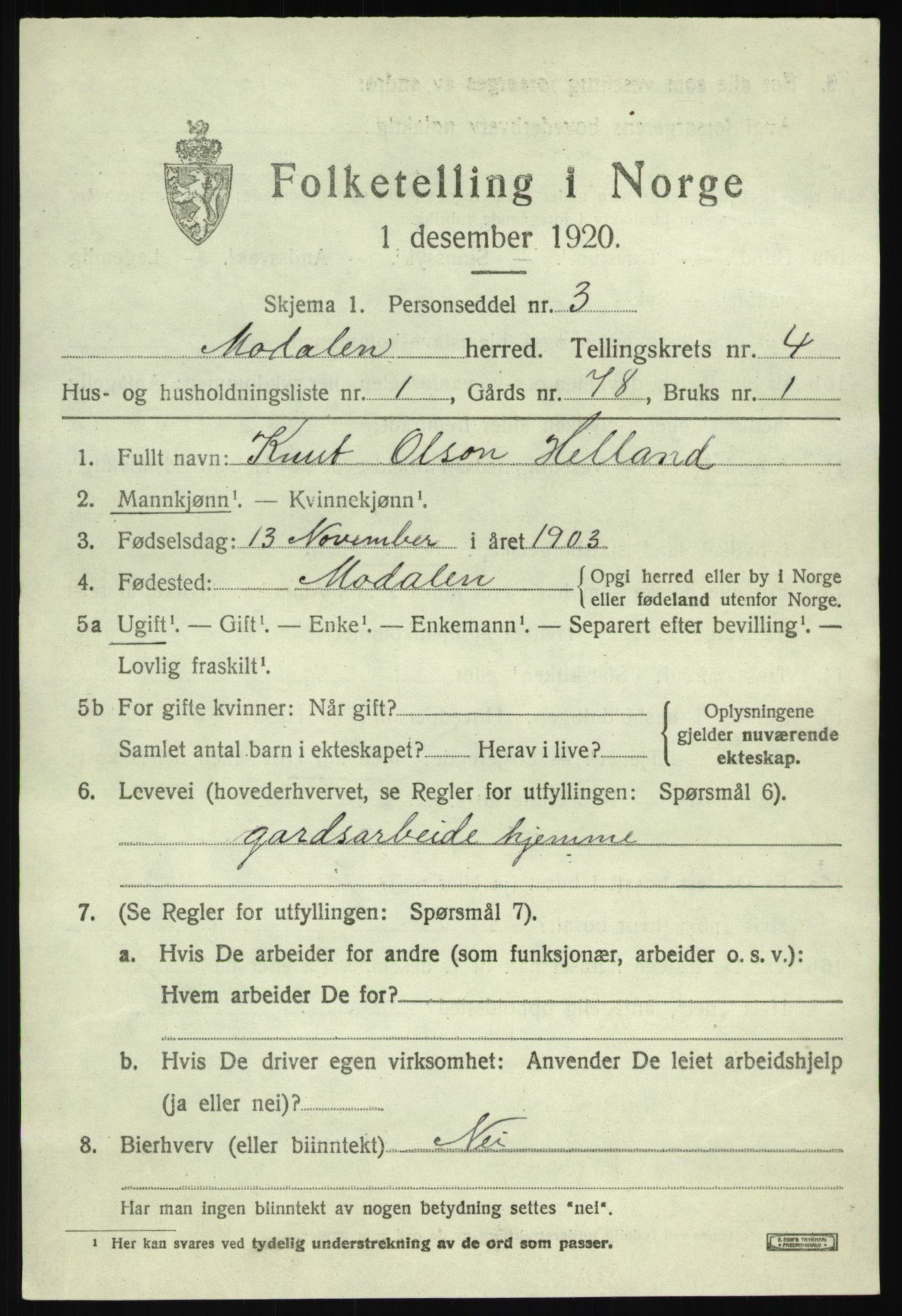 SAB, 1920 census for Modalen, 1920, p. 808