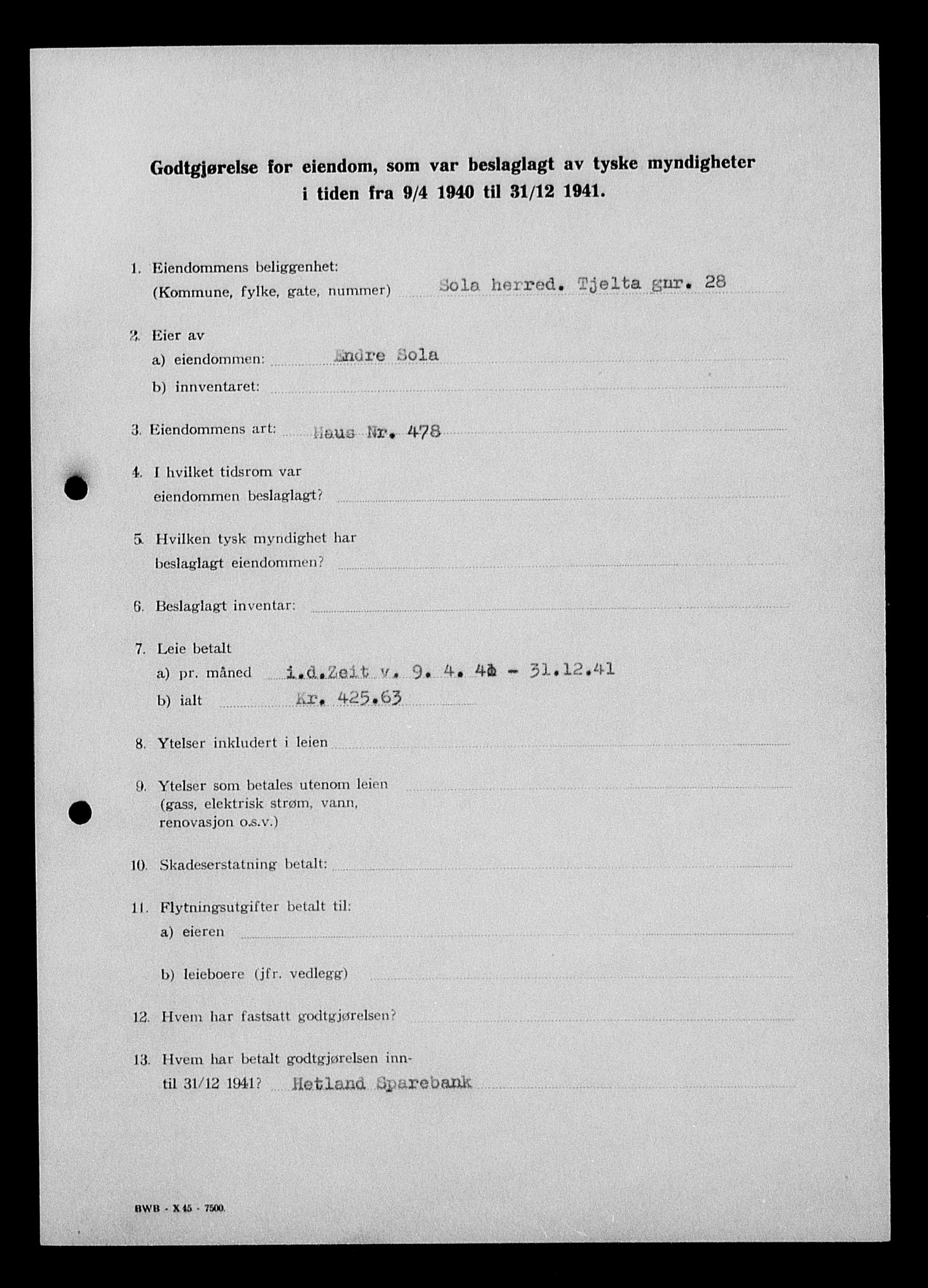 Justisdepartementet, Tilbakeføringskontoret for inndratte formuer, AV/RA-S-1564/I/L1015: Godtgjørelse for beslaglagt eiendom, 1940-1941, p. 215